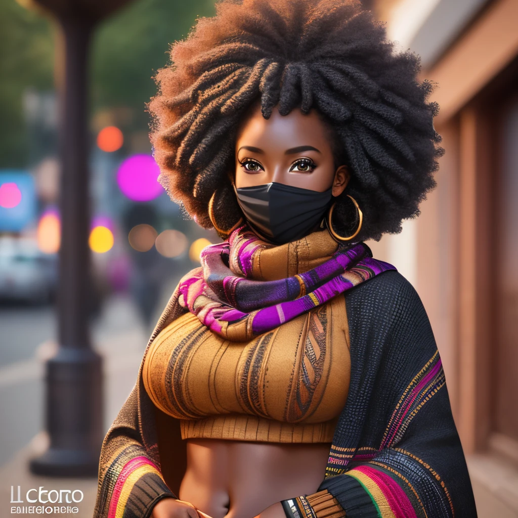 create an high resolution photo realistic photograph of a dark skin Woman with small tits UBER WIDE HIPS, (wearing scarf mask sweater jacket shawl), dark skin Woman with small chest, afropunk, afrocore, afro pop, canon 5d mark II, 85mm len --auto --s2