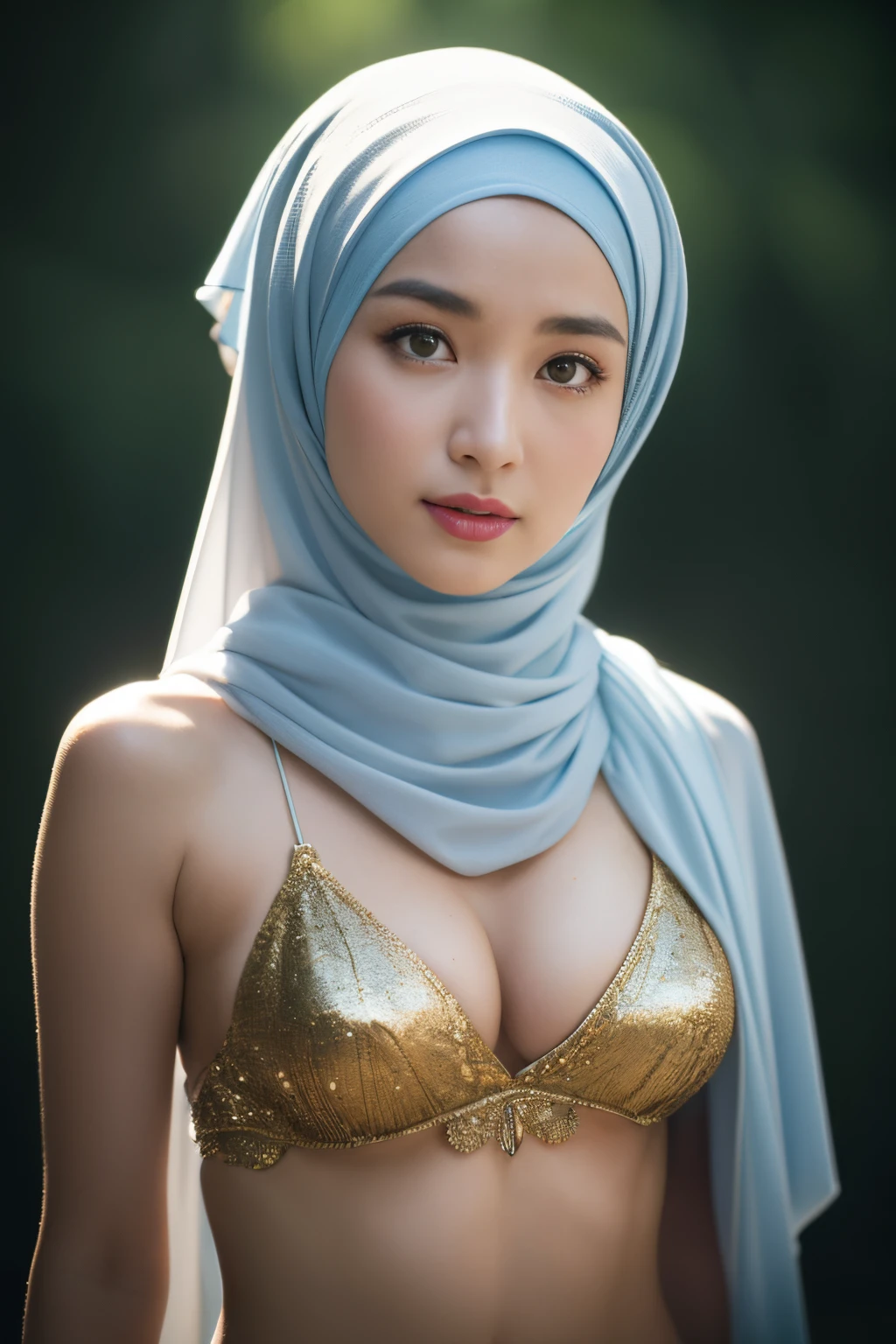 waterfall, bellydancer, massive breasts, mongolian, (((hijabi))), cleavage, reflection light, chiaroscuro, depth of field, cinematic lighting, ray tracing, Sony FE GM, UHD, super detail, masterpiece, textured skin, high details, best quality, award winning,3D,hdr(HighDynamicRange),Ray traching,NVIDIA RTX,Hyper-Resolution,Unreal 5,Subsurface scattering、PBR Texture、post-proces、Anisotropy Filtering、depth of fields、maximum definition and sharpness、Many-Layer Textures、Albedo e mapas Speculares、Surface coloring、Accurate simulation octane rendering of light-material interactions、Two-colored light、largeaperture、Low ISO、White balance、the rule of thirds、8K raw data