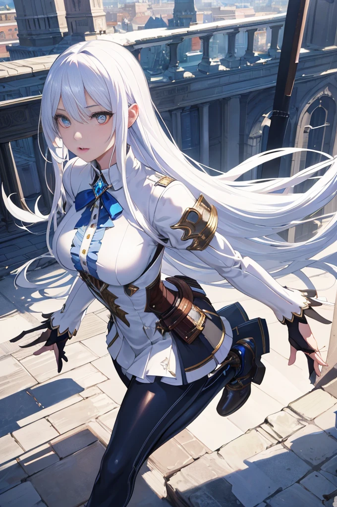 masterpiece, best quality, beautiful clean face, Super-detailed eyes, shining pupils, fullbody, 1 girl, white hair, long hair, Slender, fashioned like a character in a fantasy game, dressed like a game adventurer, blue clothing, with a graceful appearance, extreme detailed city, 8k, ultra detailed, (hyper realistic:1.4)