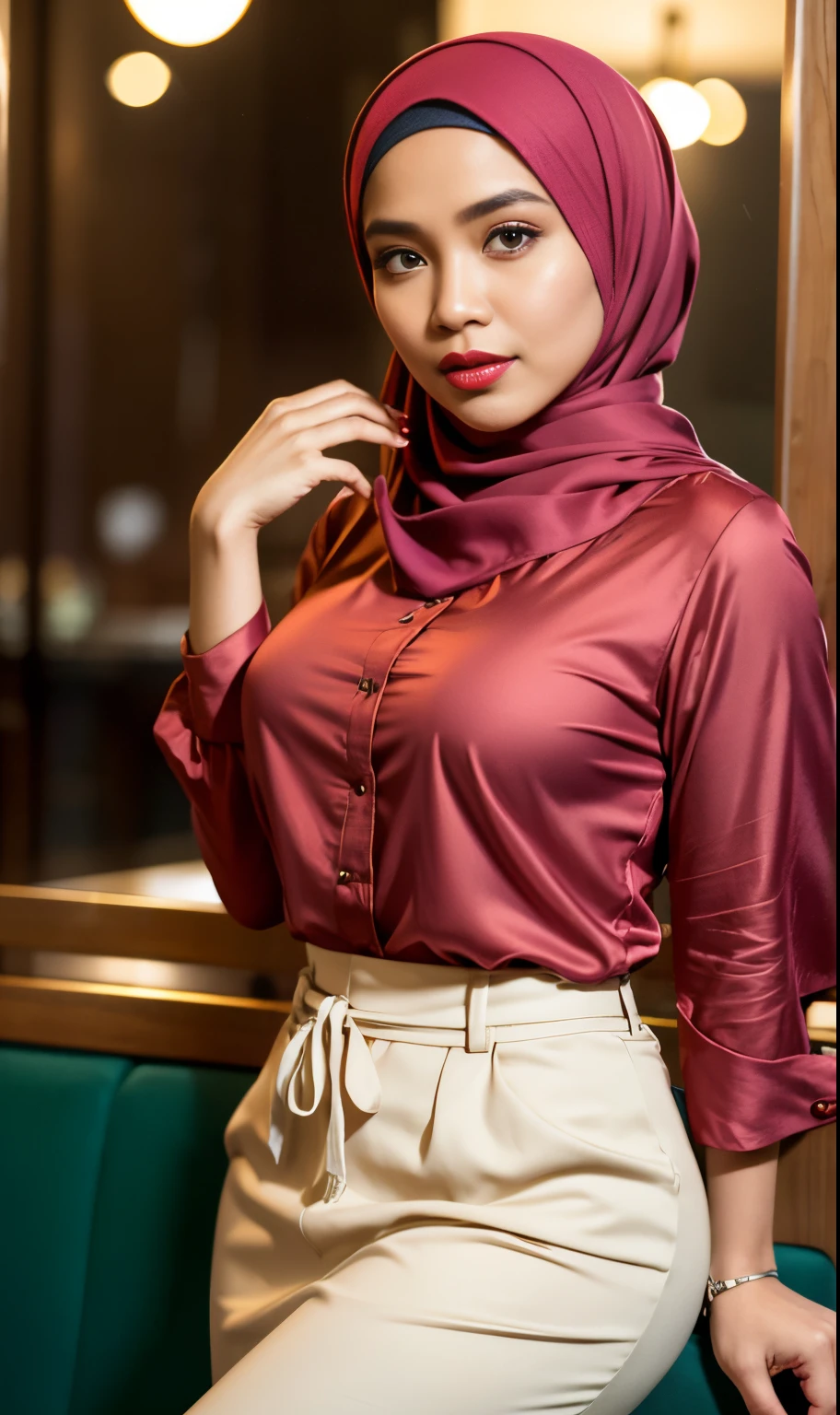 Ultra-realistic shadow, real contrasts, 1 mature lady, pale skinned babe, slim faced, wearing a brown coloured pashmina hijab, casual girl outfit, tight pink short shirt, black tight legging, (fashion), tight outfit, (At carpark 1.2), slim and slender body type, tall, (massive breasts 1.6), Half body shot, cowboy shot, realistic photography, professional photo, lower angle