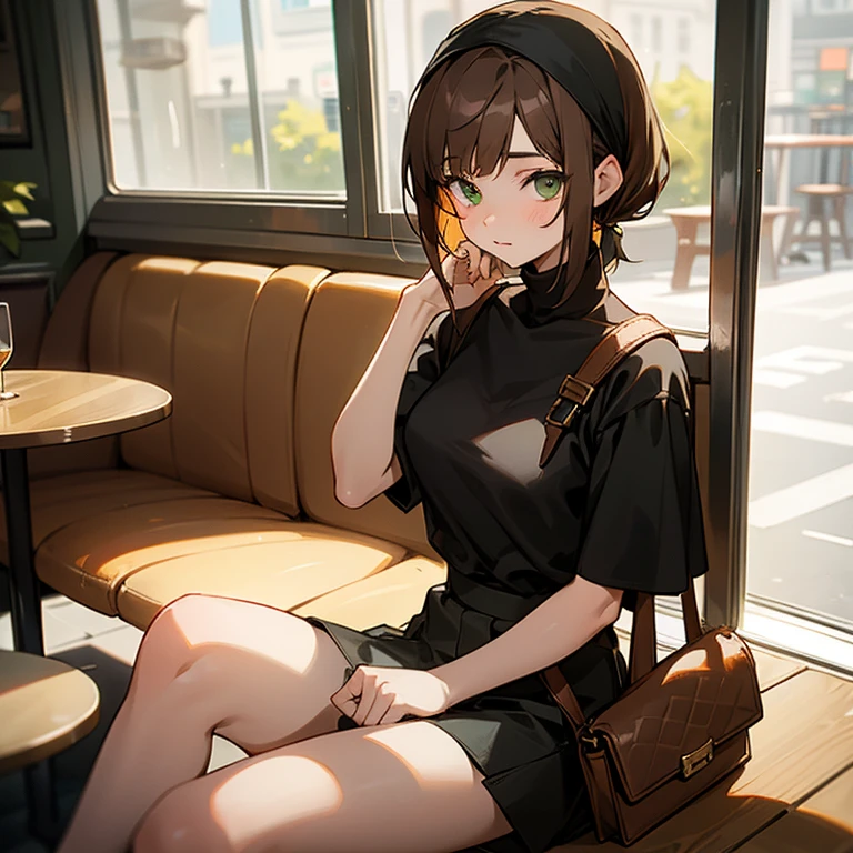 young woman, 18 years old, green eyes, short brown hair, sitting in a cafe, wearing a short-sleeved black tight turtleneck, a gray mini-skirt, and a bandana in her hair and a handbag