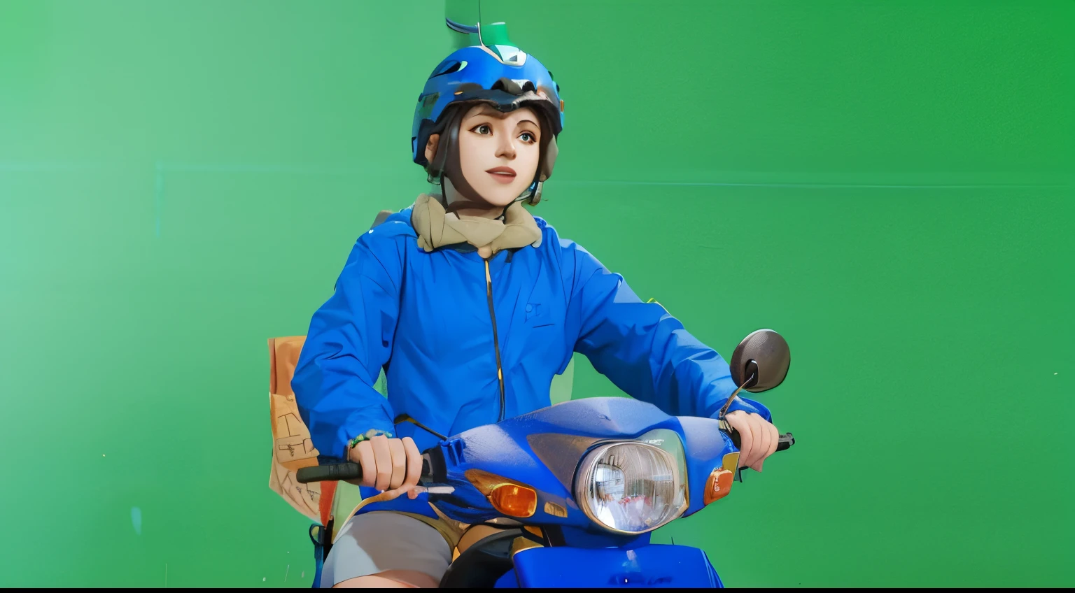 a sketch anime girl with smiling face, who wearing blue jacket and blue helmet, she riding a blue motorcycle, looking in her hand