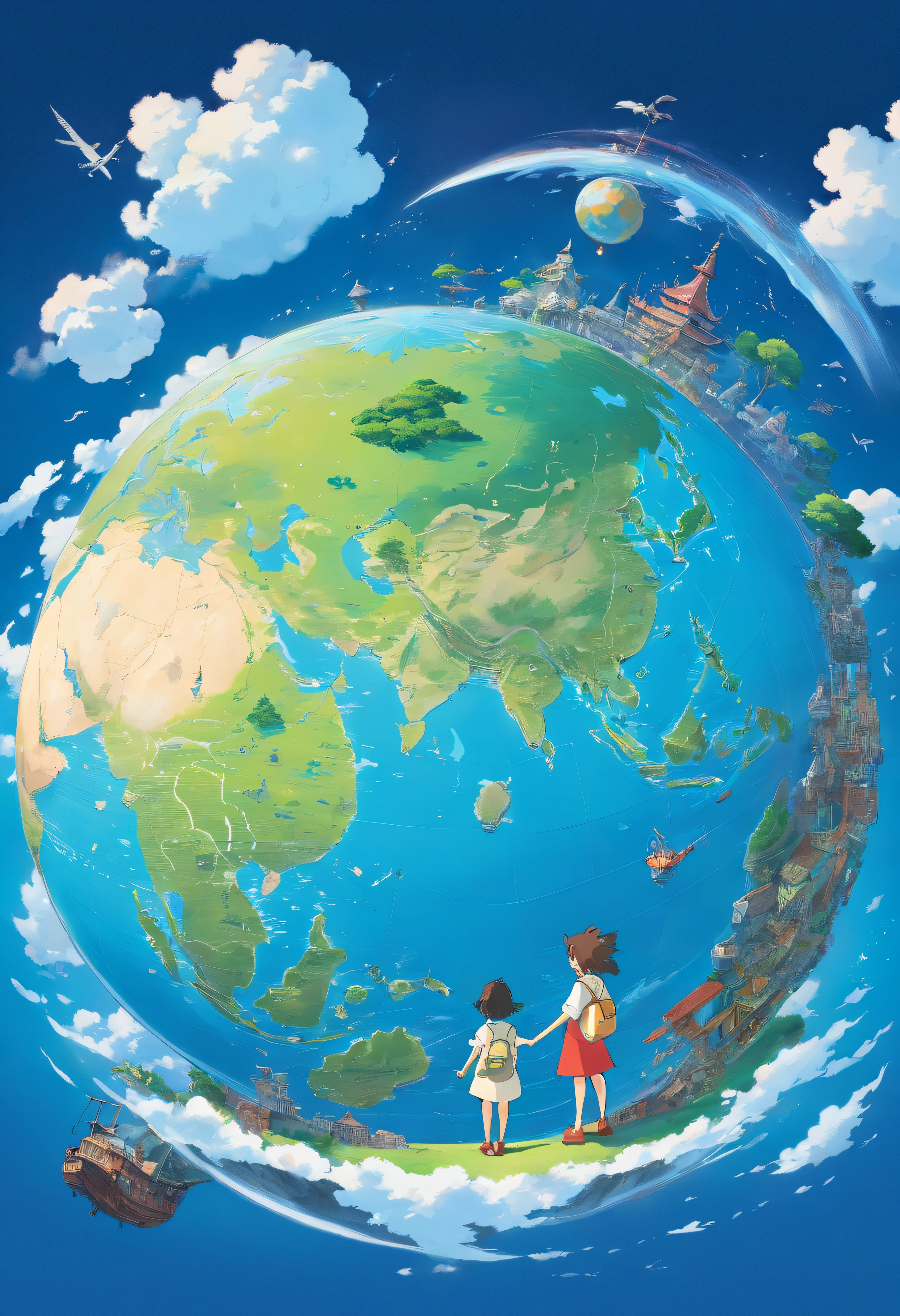 Solid blue background，In the middle is a circular globe
