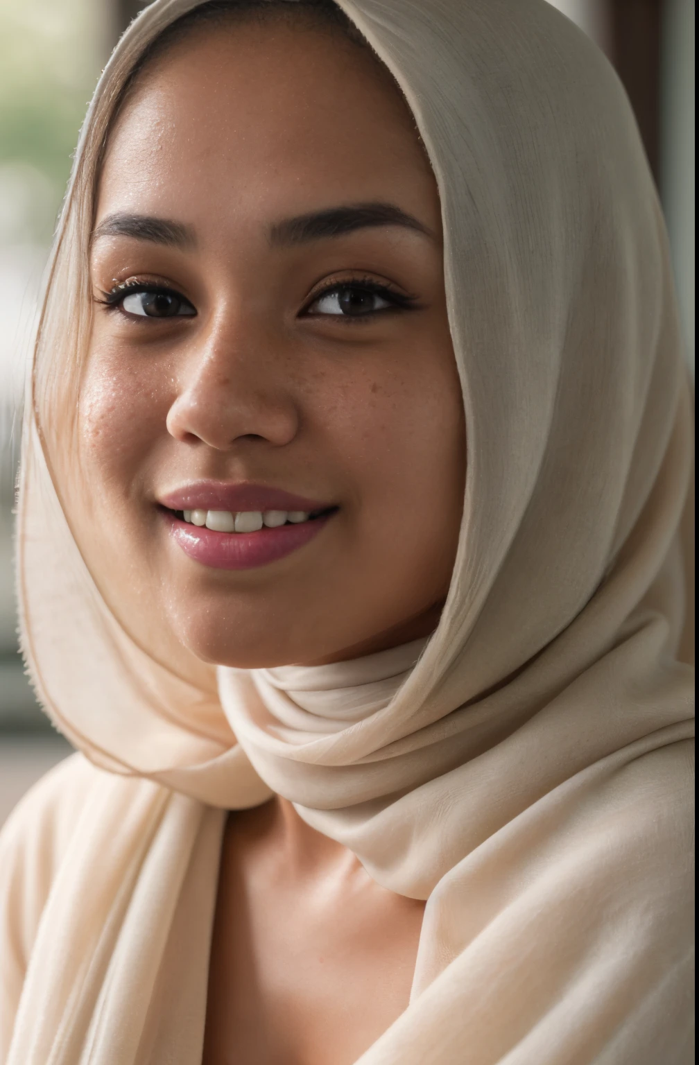 cleavage, beautiful young malay girl with hijab and few soft freckles, mole below eyes, detail skin texture, smile, (plain pastel white hijab), , dramatic light , Rembrandt lighting scheme, (hyperrealism:1.2), (8K UHD:1.2), (photorealistic:1.2), shot with Canon EOS 5D Mark IV, detailed face, detailed skin texture, 35mm, over-the-shoulder shot,cool-toned color grading, Deep Focus cinematography effect, Natural Lighting, high quality, ultra detail, 8k resolution,