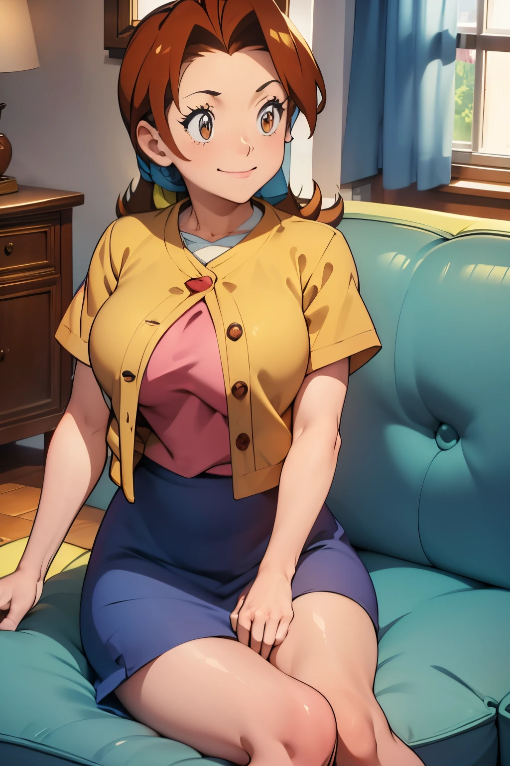 Delia ketchum, sit on a couch, perfect fingers,