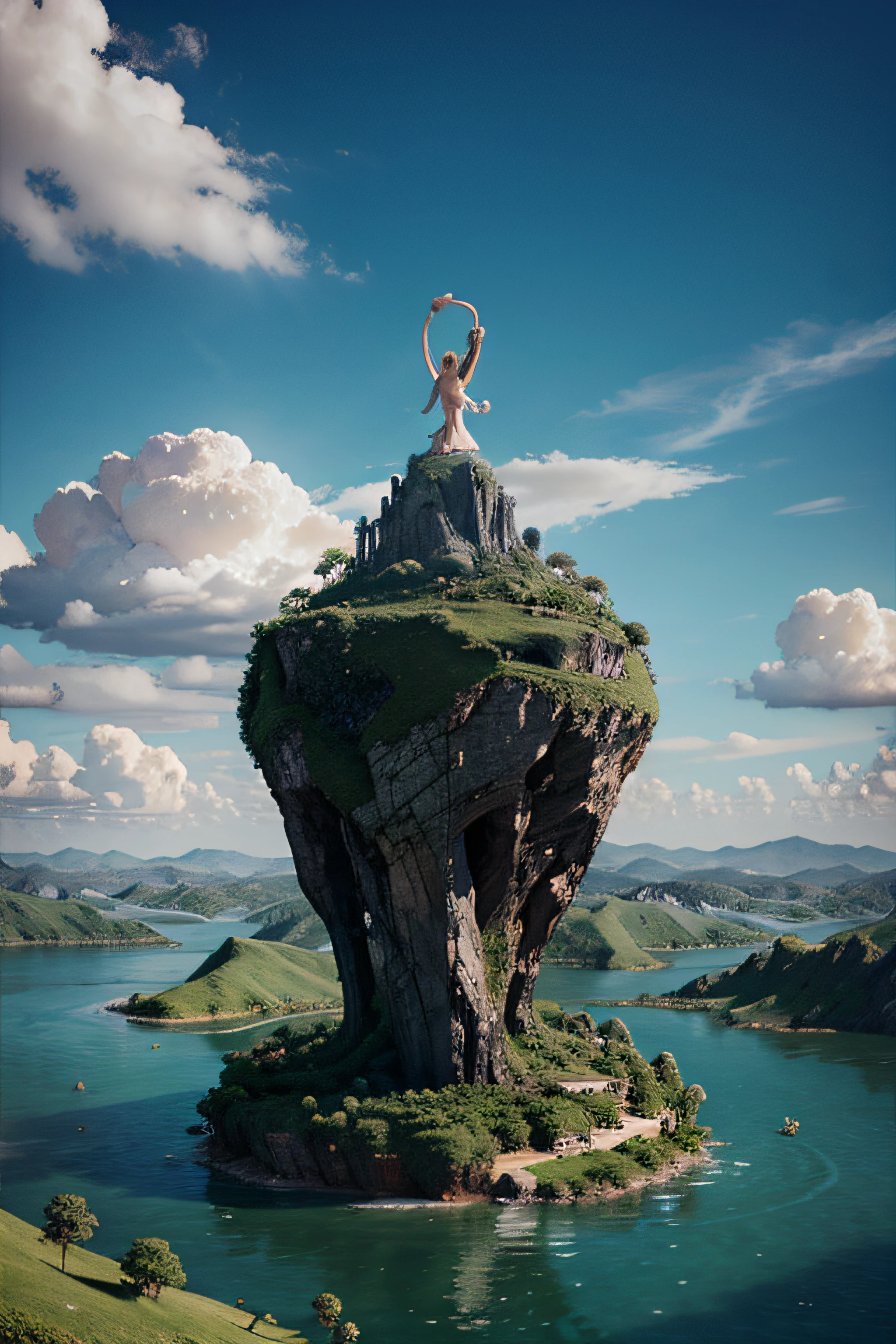 Fantasy characters floating on an unknown beautiful floating island