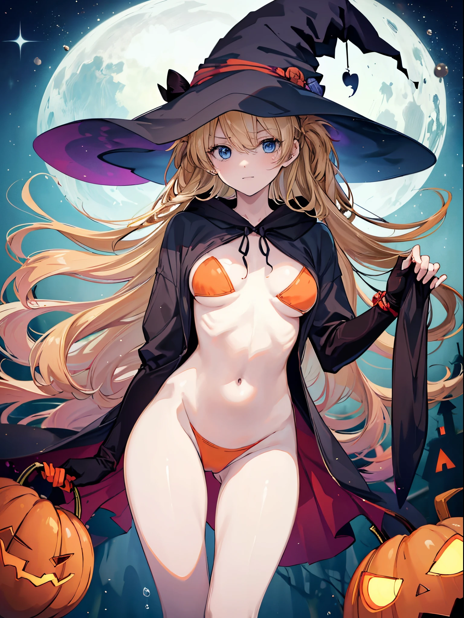 high-level image quality、top-quality、Beautuful Women、1 persons、ssmile、embarassed expression、pony tail hair、swim wears、knee high、red cloak、Halloween Party、Halloween Cosplay、cinematlic lighting、Beautiful and perfect legs, Clean and perfect hands、Lots of jack-o'-lanterns,large full breasts, ((1 Beautiful Witch)), ((Blonde hair, long wavy hair with bangs,,,,,,,,,,)) (((Witch 1 person, Soio))) )) ((20yr old)) blue eyes, Have a very sexy body, Full chest and narrow waist, And a very sexy body,