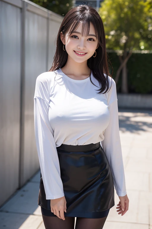 8K、Realistic、A detailed face、Detailed mouth、A detailed eye、large full breasts:1.8、wetted skin、is standing、A smile、shot from front, (Huge breasts), (Smile:1.15), suits、jaket、tight skirts、A tight T-shirt inside、Black stockings、