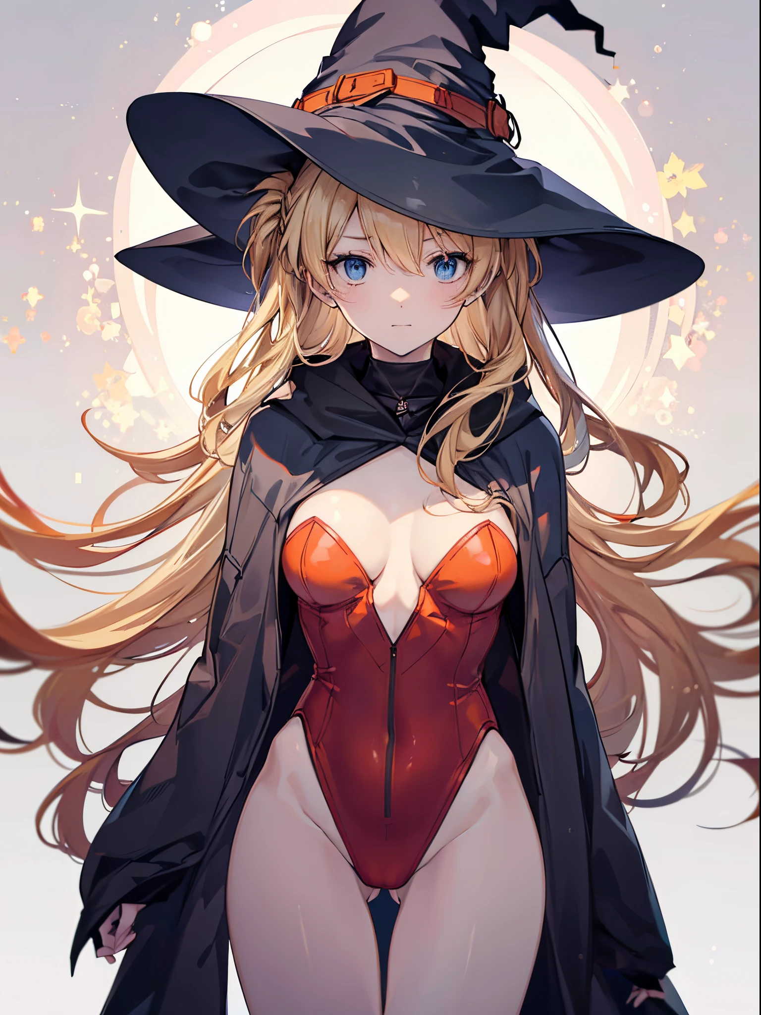 high-level image quality、top-quality、Beautuful Women、1 persons、ssmile、embarassed expression、pony tail hair、swim wears、knee high、red cloak、Halloween Party、Halloween Cosplay、cinematlic lighting、Beautiful and perfect legs, Clean and perfect hands、Lots of jack-o'-lanterns,large full breasts, ((1 Beautiful Witch)), ((Blonde hair, long wavy hair with bangs,,,,,,,,,,)) (((Witch 1 person, Soio))) )) ((20yr old)) blue eyes, Have a very sexy body, Full chest and narrow waist, And a very sexy body,