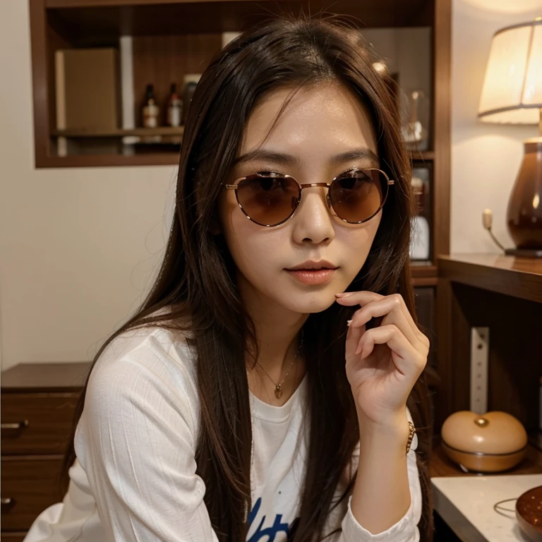 slim small stature asian woman selfie, Long brown hair, with heart-shaped sunglasses posing tenderly
