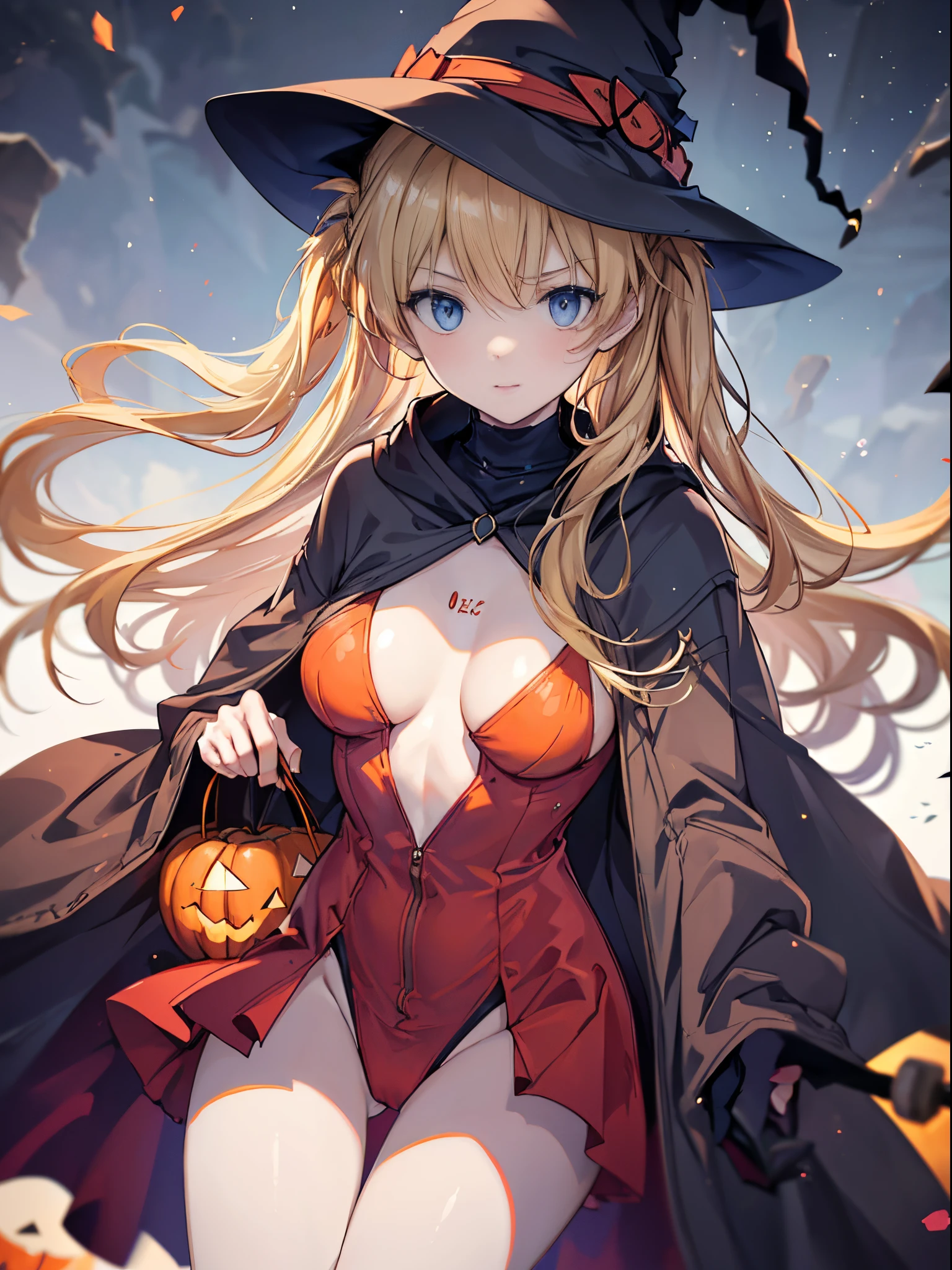 high-level image quality、top-quality、Beautuful Women、1 persons、ssmile、embarassed expression、pony tail hair、swim wears、knee high、red cloak、Halloween Party、Halloween Cosplay、cinematlic lighting、Beautiful and perfect legs, Clean and perfect hands、Lots of jack-o'-lanterns,large full breasts, ((1 Beautiful Witch)), ((Blonde hair, long wavy hair with bangs,,,,,,,,,,)) (((Witch 1 person, Soio))) )) ((20yr old)) blue eyes, Have a very sexy body, Full chest and narrow waist, And a very sexy body,