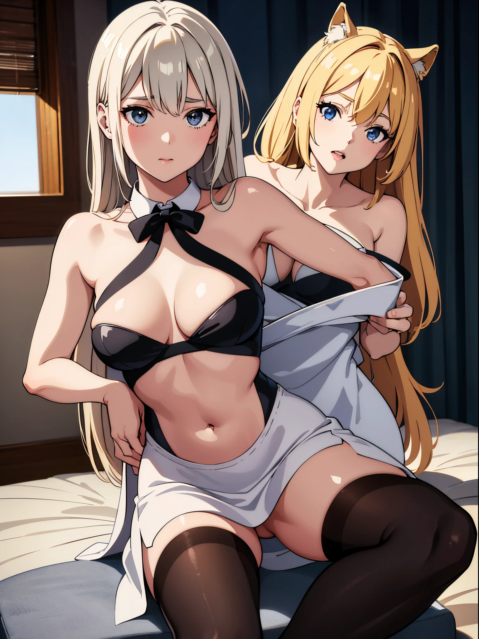 A woman wearing a white backless dress，He wears black stockings on his legs，Exposing the abdomen，The figure is good，The head is not exposed，[ 4K realism ]!!, [ 4K realism ]!!!, [ 4K digital art ]!!, Realistic shadow perfect body, realisticlying!!!!!!! art-style, photorealistic anime, by Shitao, Popular topics on cgstation, Casual pose, realistic anime 3D style