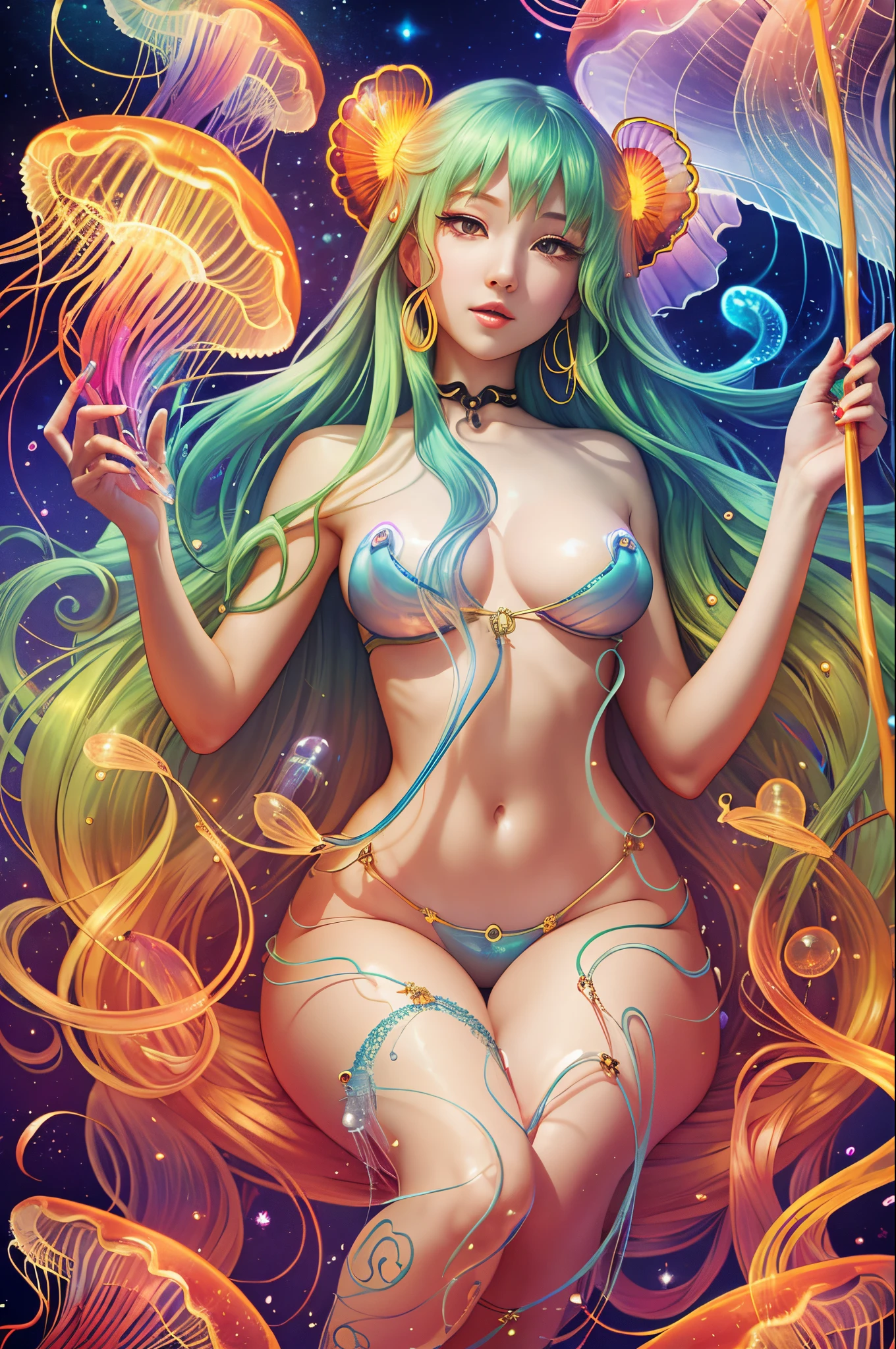 jellyfish with her fiery blue-red snake, jellyfish has beautiful long golden green hair, with magnificent breasts, jellyfish holds a shiny stick, jellyfish has bright and elegant skin with a beautiful hip swing --auto --s2