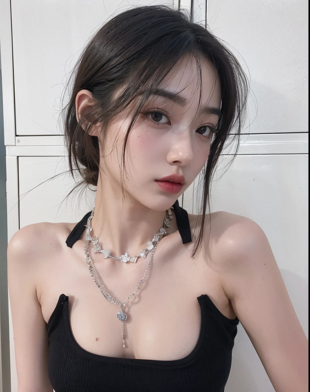 Hay una mujer con un collar y un collar en el cuello, ulzzang, Las cuentas cruzan el pecho desnudo, dilraba dilmurat, usando gargantilla, cruel korean goth girl, Cybernetic Necklace, Yanjun Chengt, collar, Lulu Chen, Sha Xi, gargantilla, y 2 k, 18 years old, Y2K, Xintong Chen