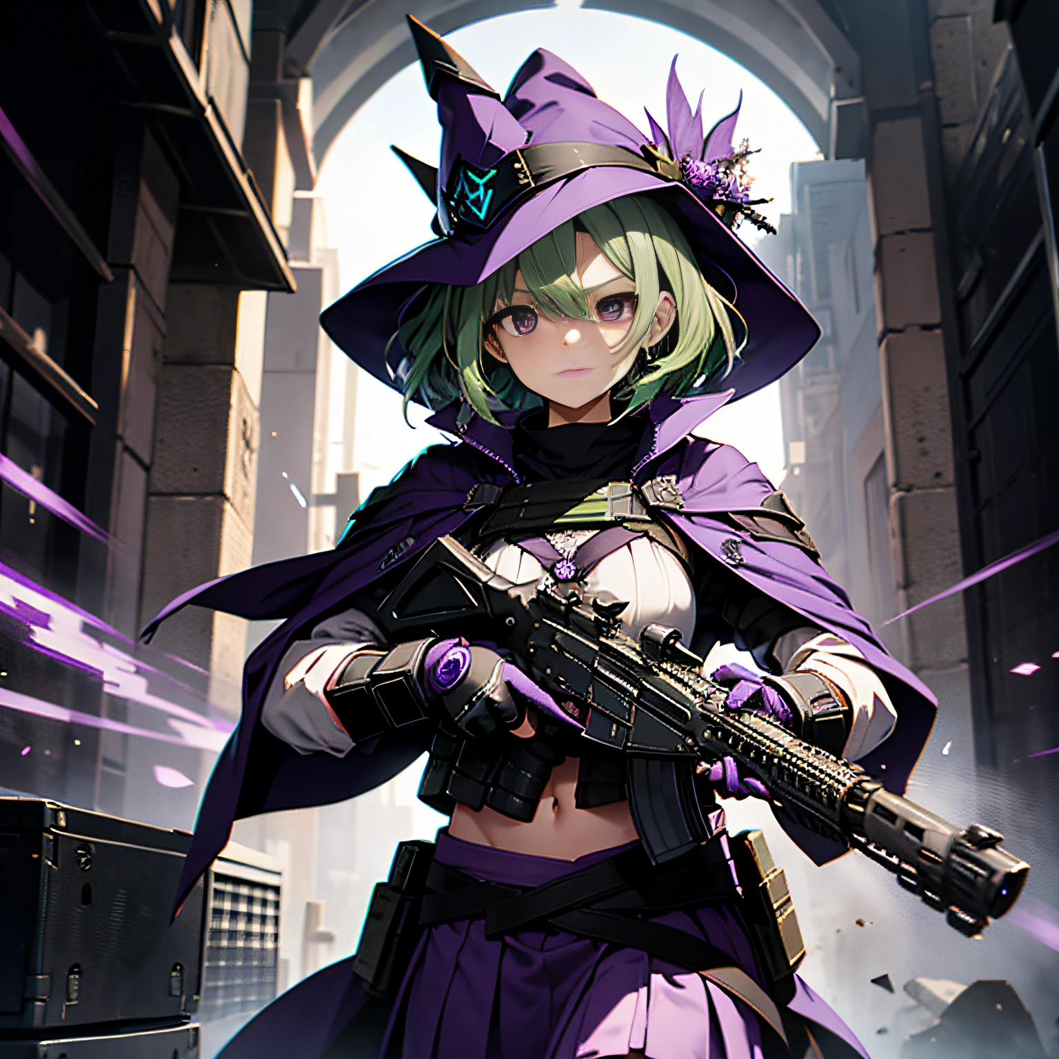 top-quality、extremely delicate and beautiful、(A  girl)、Purple Eye、Green hair、short-haired、(purple witch hat)、Purple tie、Soio、shortsleeves、Purple skirt、Tactical Vest,Purple Wizard Robe、(He has an M4 assault rifle in both hands..)、Navel、is standing、Facing the front、Expression of hatred、Dark background、Only eyes