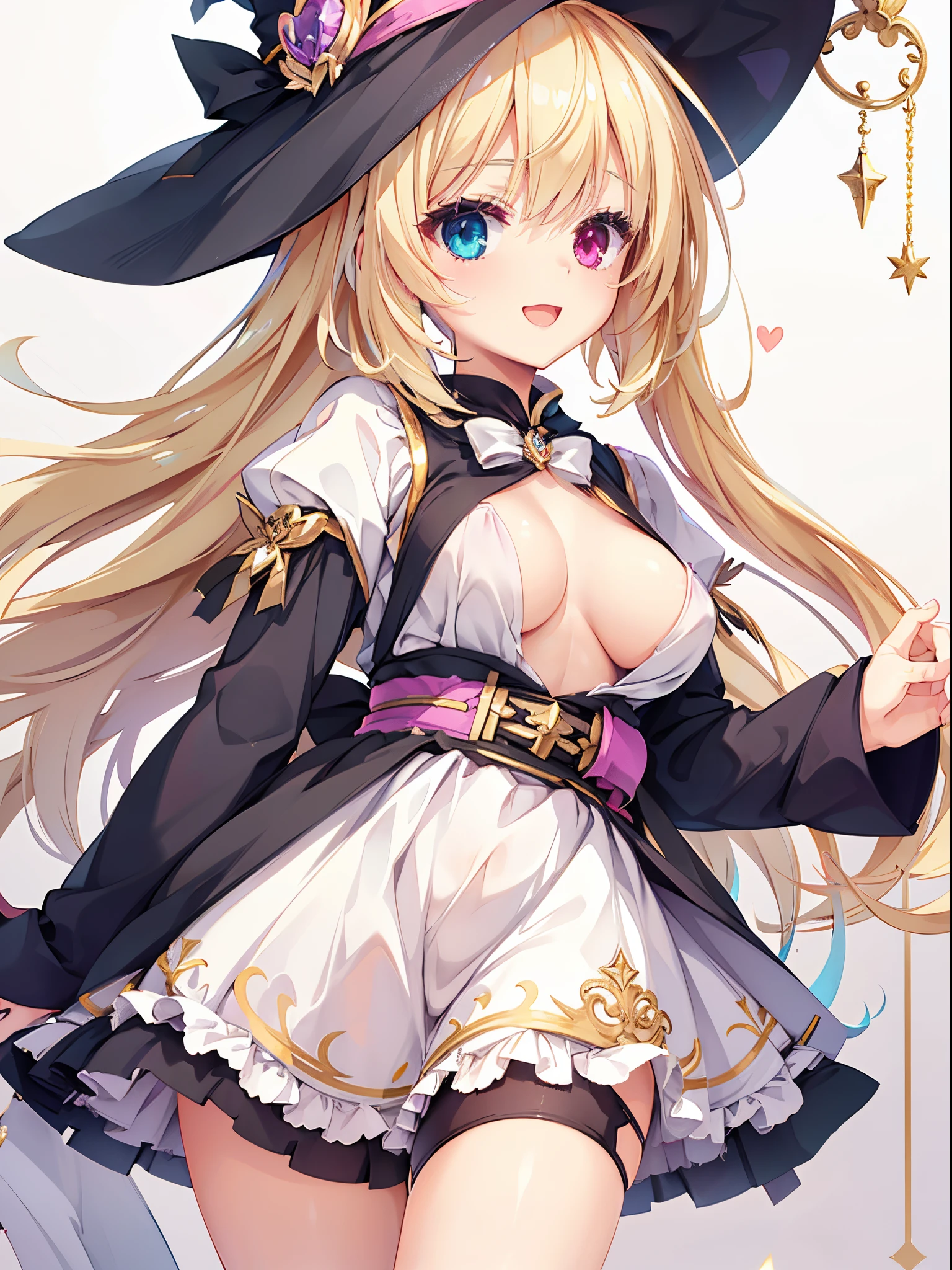 girl,Colossal tits,Smile with open mouth,blondehair,the witch,magical girl costume,Heterochromia,Top image quality,Best Quality、sexy langeries