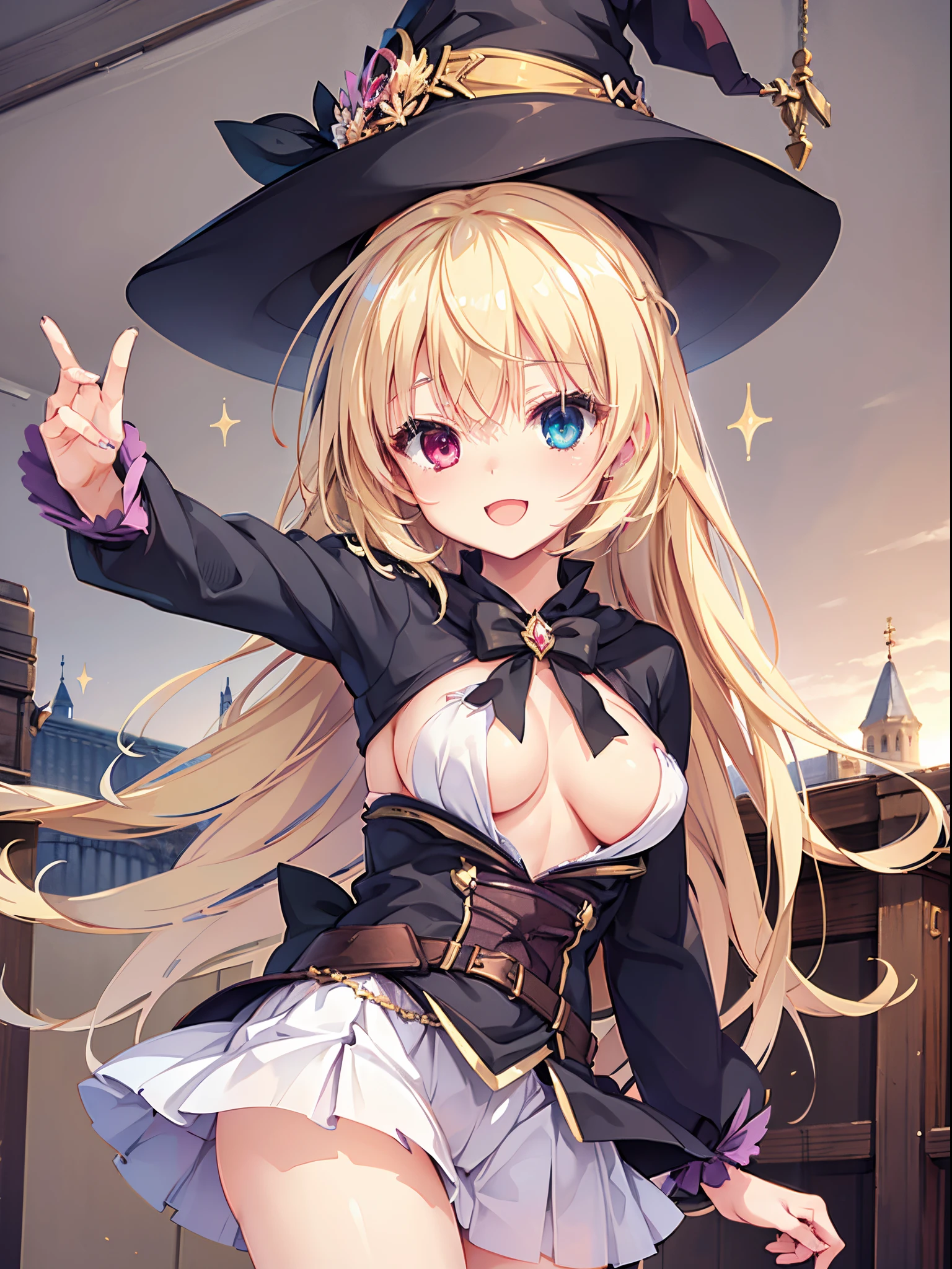 girl,Colossal tits,Smile with open mouth,blondehair,the witch,magical girl costume,Heterochromia,Top image quality,Best Quality、sexy langeries