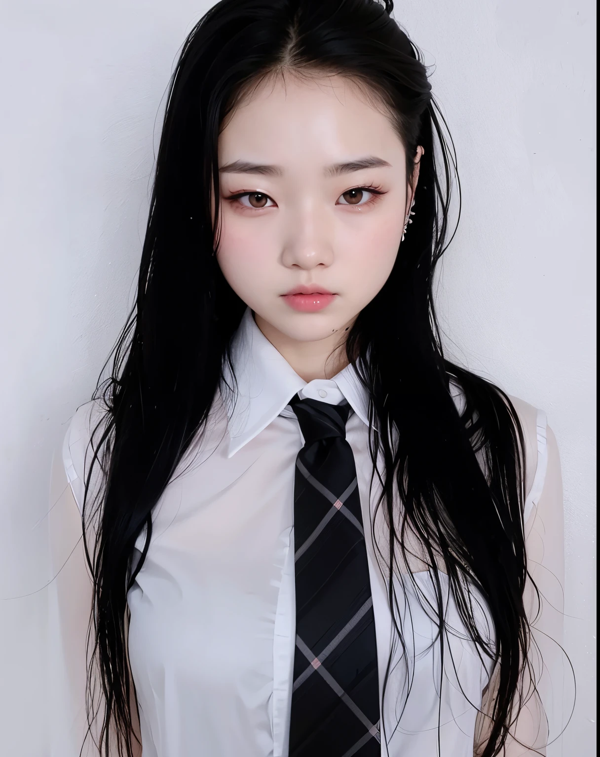 There's a woman with long black hair wearing a tie, Jaeyeon Nam, Sakimichan, Heonhwa Choe, menina coreana, Jinyoung Canela, Ulzzang, Lee Ji - Eun, Lee Ji-eun, TaeJune Kim, wan adorable korean face, 韓国アイドル, Junko Enoshima, cruel korean goth girl, com cabelos longos, Chovendo