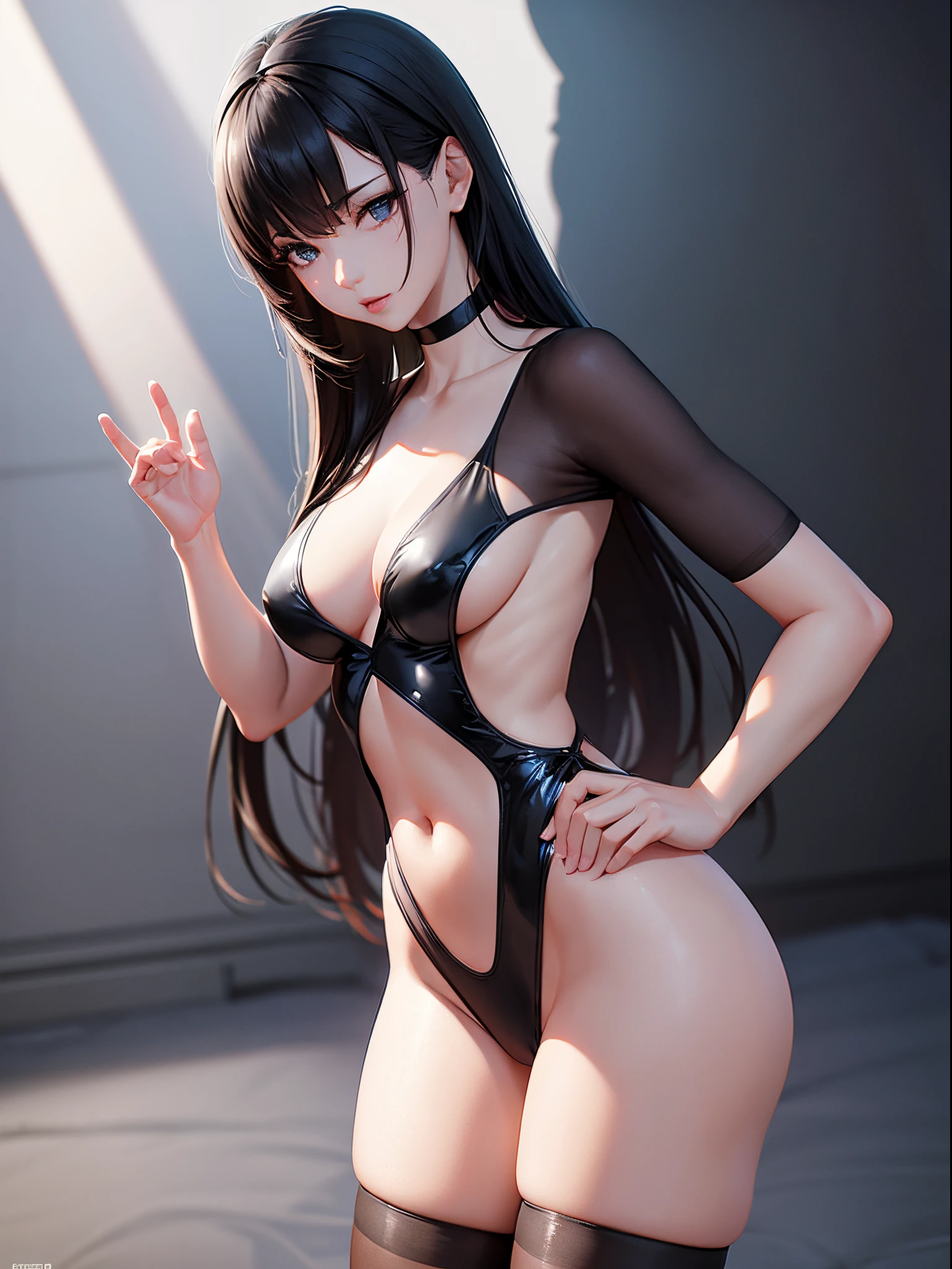 A woman wearing a white backless dress，He wears black stockings on his legs，Exposing the abdomen，The figure is good，The head is not exposed，The is very detailed[ 4K realism ]!!, [ 4K realism ]!!!, [ 4K digital art ]!!, Realistic shadow perfect body, realisticlying!!!!!!! art-style, photorealistic anime, by Shitao, Popular topics on cgstation, Casual pose, realistic anime 3D style