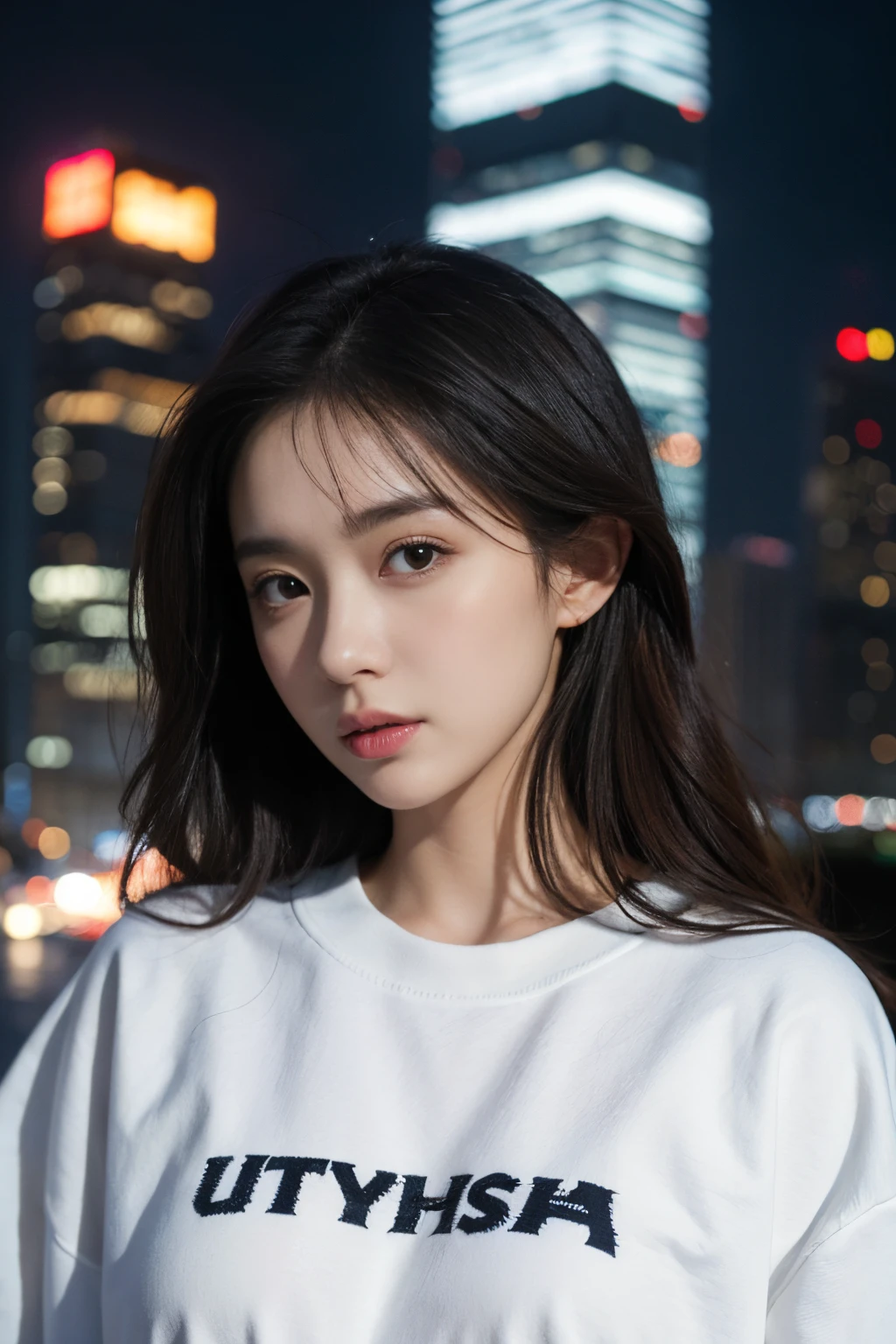 23 years old girl, medium hair, white oversize sweatshirt, oversize_shirt, city skyscraper background, night, close up, (photorealistic:1.2), (ultra realistic:1.3), (very detailed:1.1), ((masterpiece)),