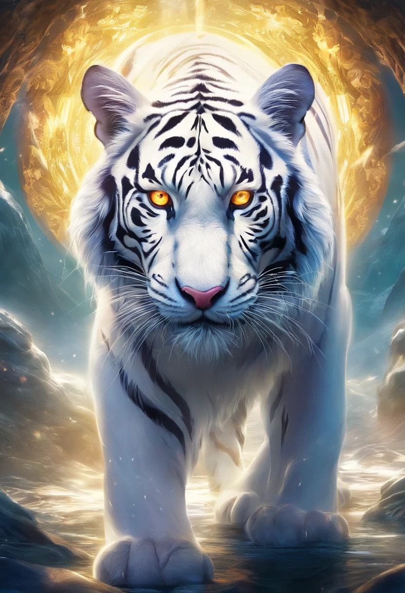 lightand shade contrast, god light, closeup cleavage, from below, hyper HD, acurate, tmasterpiece, super detailing, high qulity, high detal, Award-Awarded, Best quality at best, A high resolution, 8K ,
((Full body close-up of the mythical white tiger)), The sacred beast in the Mountain and Sea Sutra, Complete body, Transparent hair, Angry eyes,Metal properties,(It has white fur and paws),Big Yellow Cave Well,,tmasterpiece,超A high resolution,Exquisite details create stunning images, Epic effect