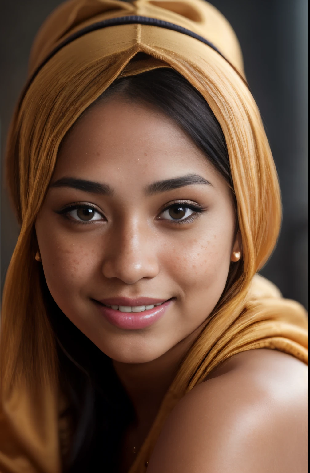 bellydancer, cleavage,  beautiful young malay girl with hijab and few soft freckles, mole below eyes, detail skin texture, smile, , dramatic light , Rembrandt lighting scheme, (hyperrealism:1.2), (8K UHD:1.2), (photorealistic:1.2), shot with Canon EOS 5D Mark IV, detailed face, detailed skin texture, 35mm, over-the-shoulder shot,cool-toned color grading, Deep Focus cinematography effect, Natural Lighting, high quality, ultra detail, 8k resolution,