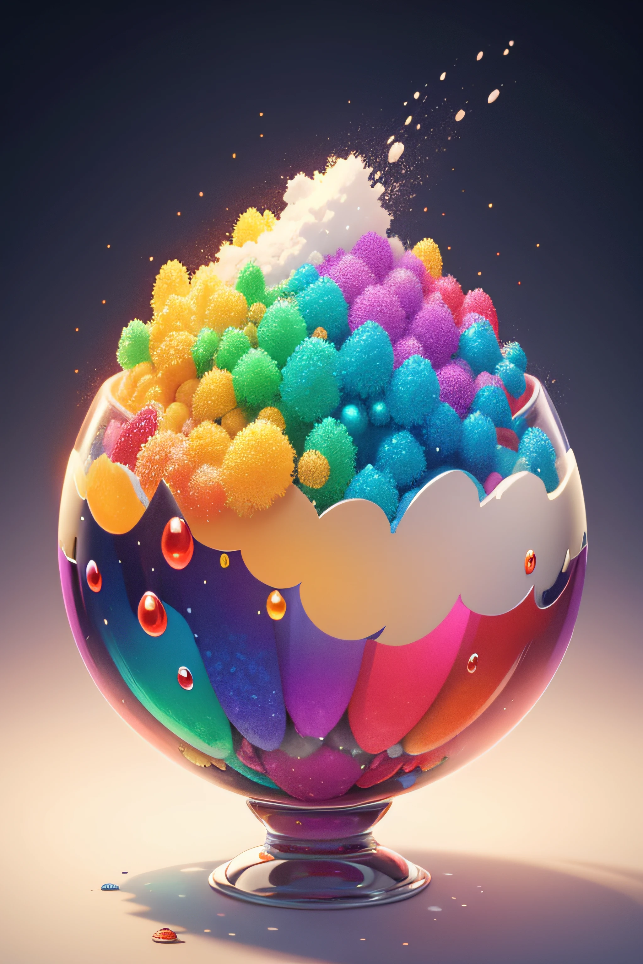 Realistic colorful drops、Falling into a large bowl of textured crystals filled with a variety of vibrantly colored explosion powders、Some of it will fly away.