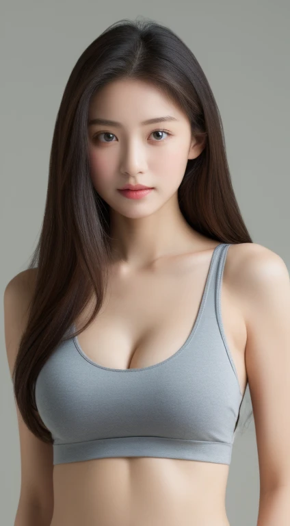(realistically, A high resolution:1.3), 1 girl with perfect figure, The face shape and eyes are super delicate,Long gray hair, random color tank top:1.2, Yoga pants for,Big cloth all over the body,Exposing cleavage