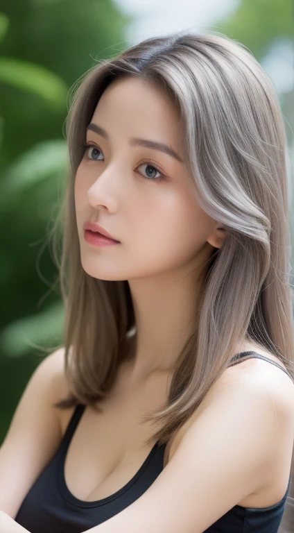 (realistically, A high resolution:1.3), 1 girl with perfect figure, The face shape and eyes are super delicate,Long gray hair, random color tank top:1.2, Yoga pants for,Big cloth all over the body,Exposing cleavage
