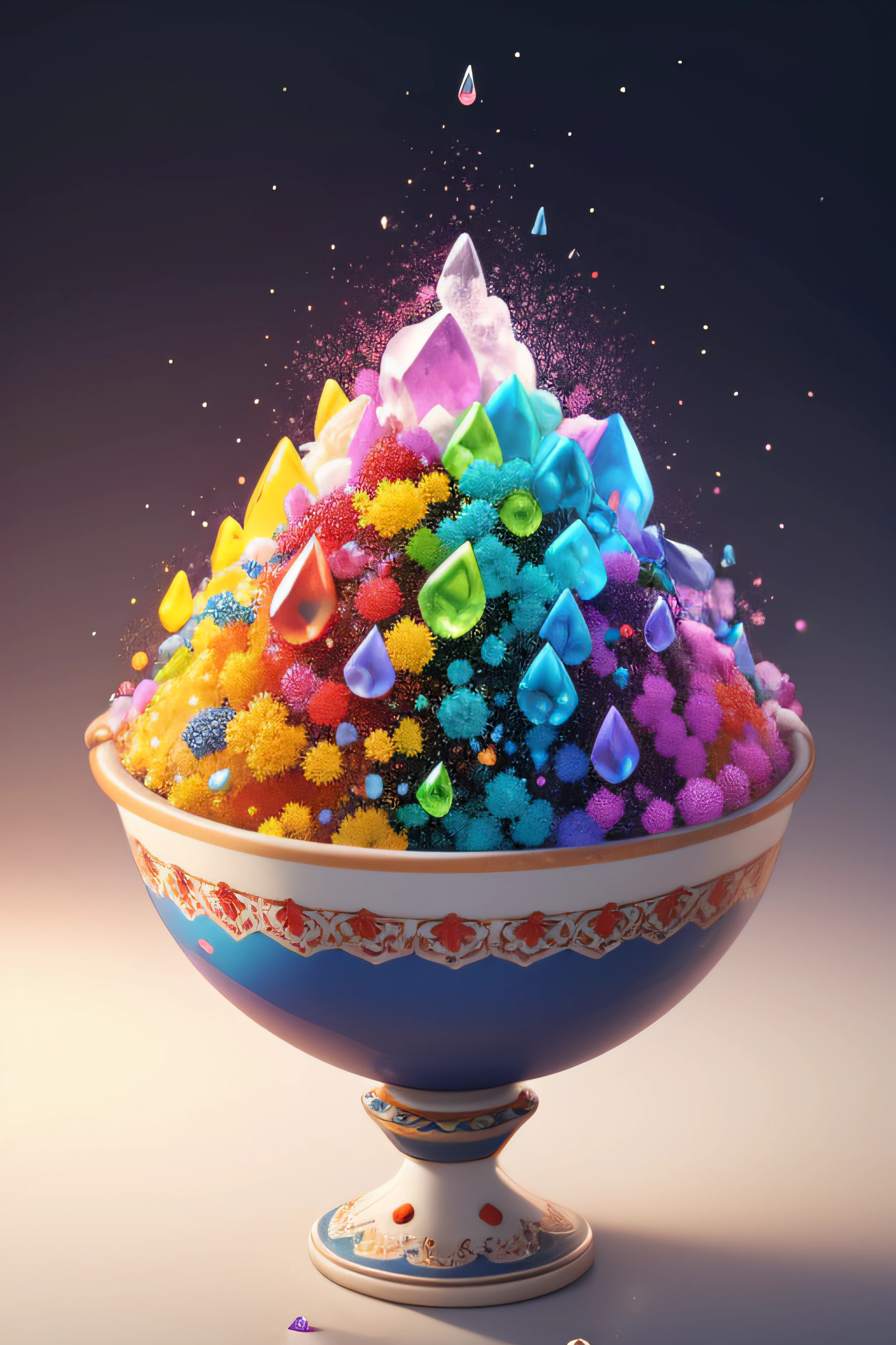 Realistic colorful drops、Falling into a large bowl of textured crystals filled with a variety of vibrantly colored explosion powders、Some of it will fly away.