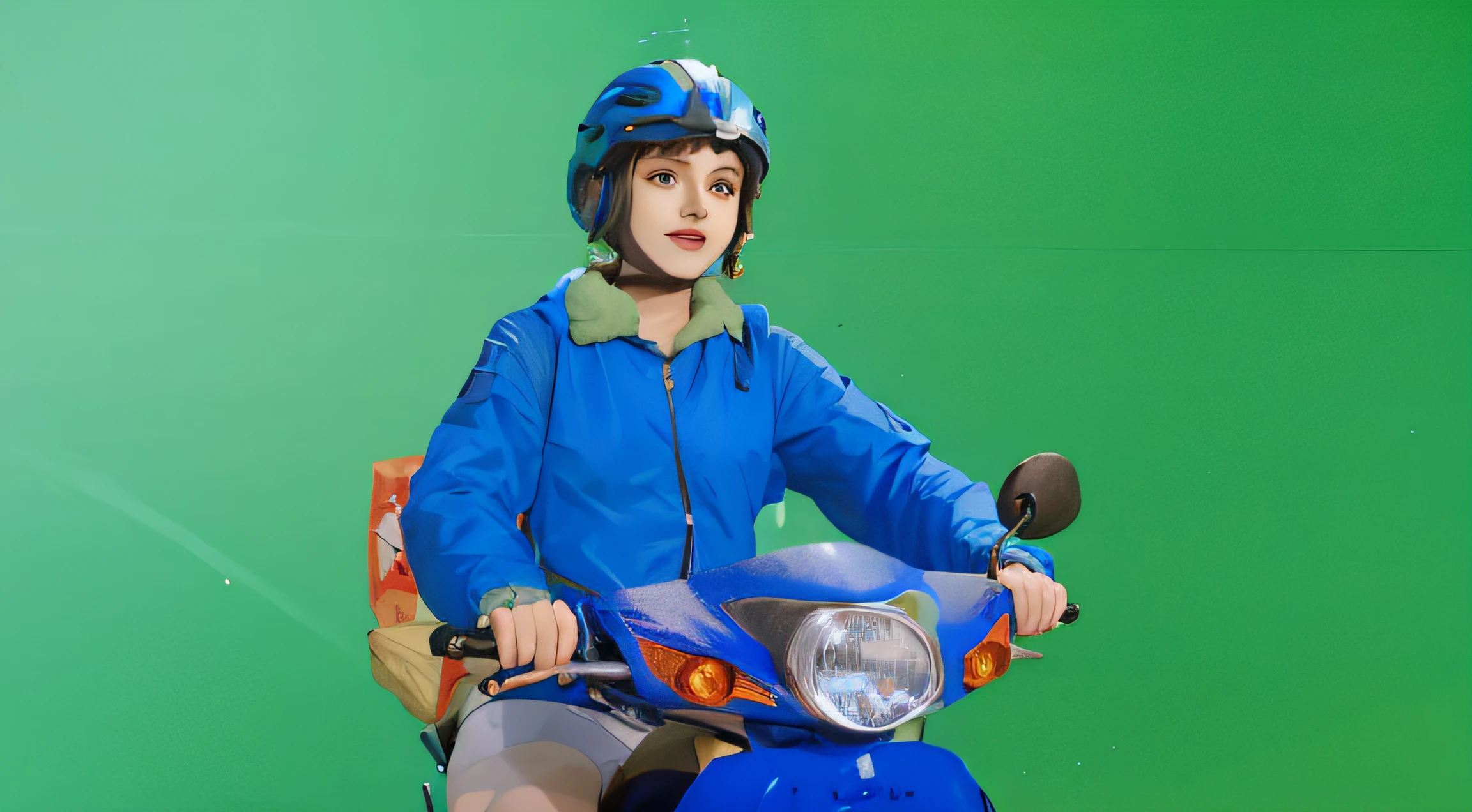a sketch anime girl with smiling face, who wearing blue jacket and blue helmet, she riding a blue motorcycle, looking in her hand