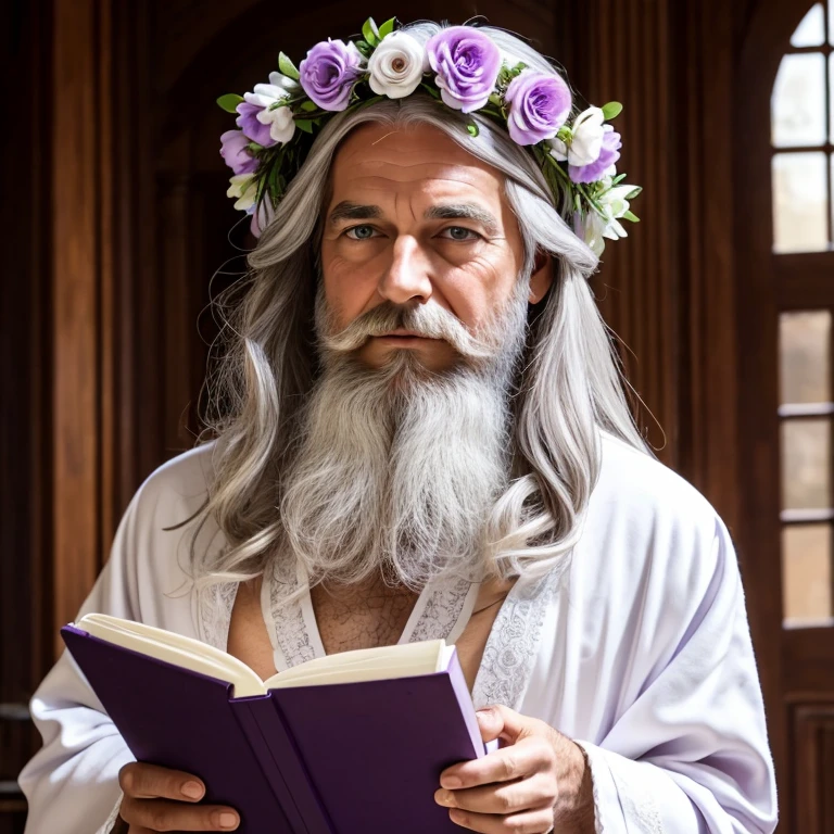 skinny, crème robes, long hair, beard, late 50s, white hair, purple eyes, flower crown, holding book, male