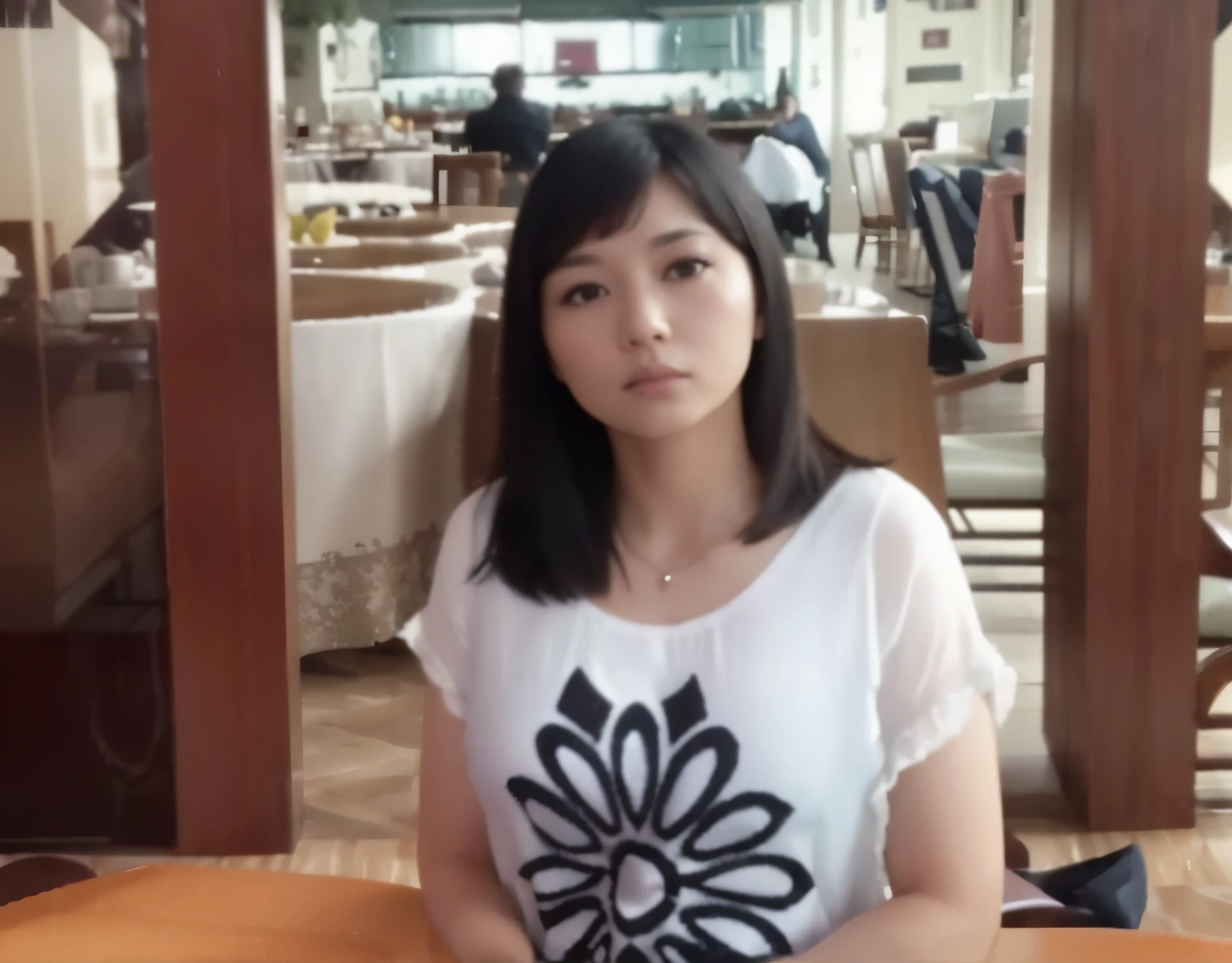 8k ultra-detailed, (best quality:1.3), cinematic shot, masterpiece, (sharp focus:1.5), (photorealistic:1.3), there is a woman sitting at a table with a plate of food, xintong chen