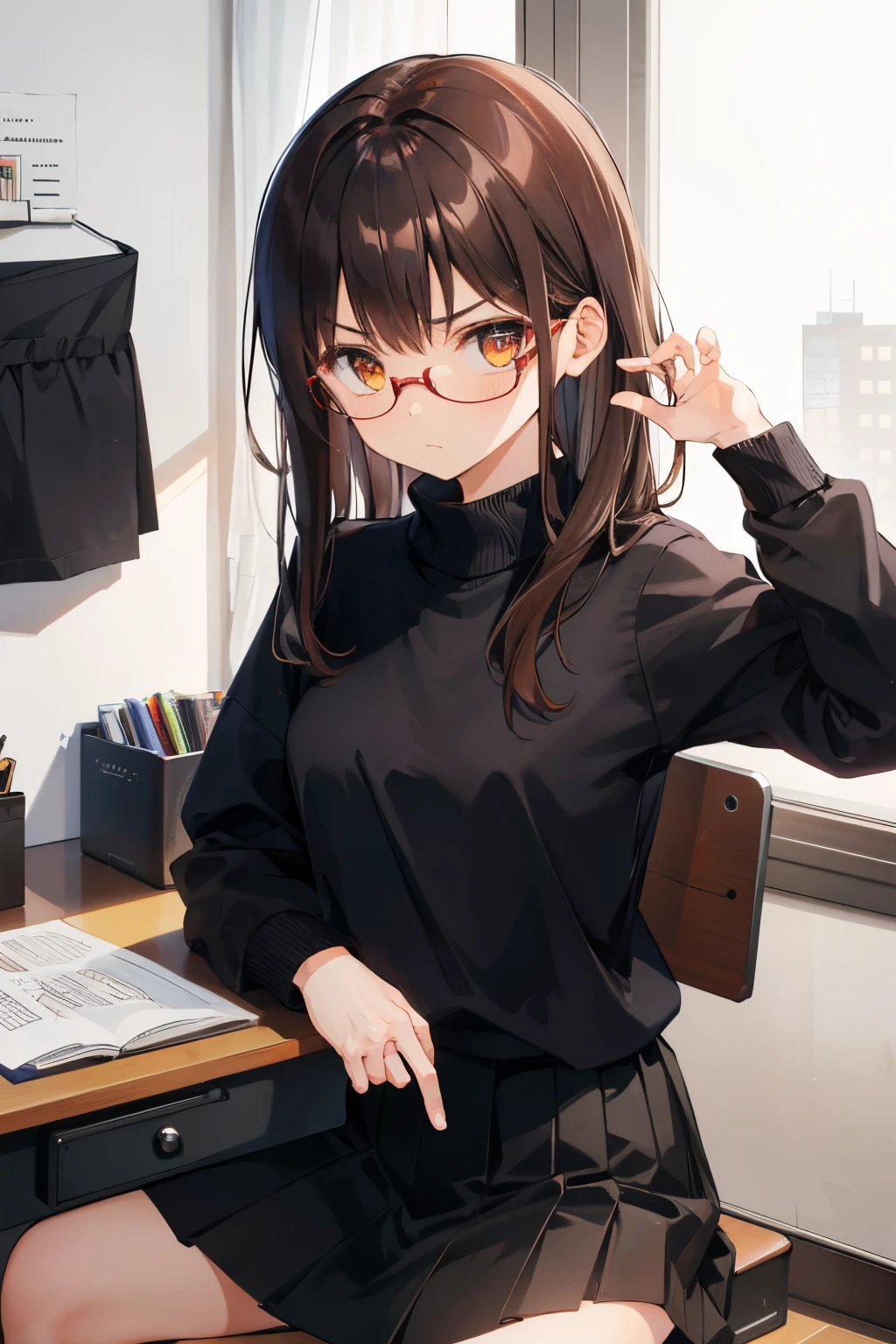 girl with,Black underwear,Brown hair,Amber eyes,length hair,top-quality,Black sweater,a black skirt,Red glasses,Studying,Serious face,sit on desk