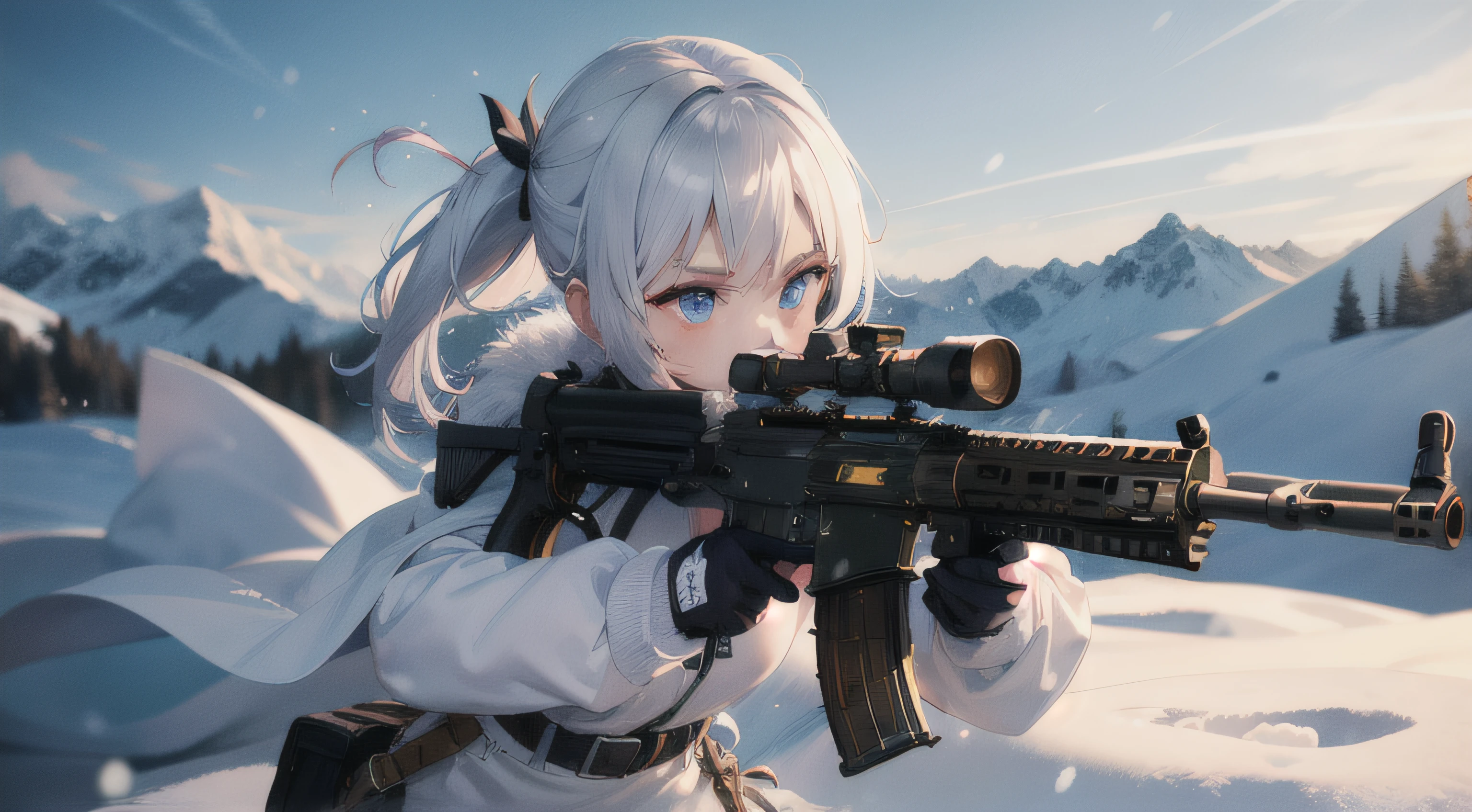 assault rifle, battle girl, snow mountain, white clothes, muzzle flash