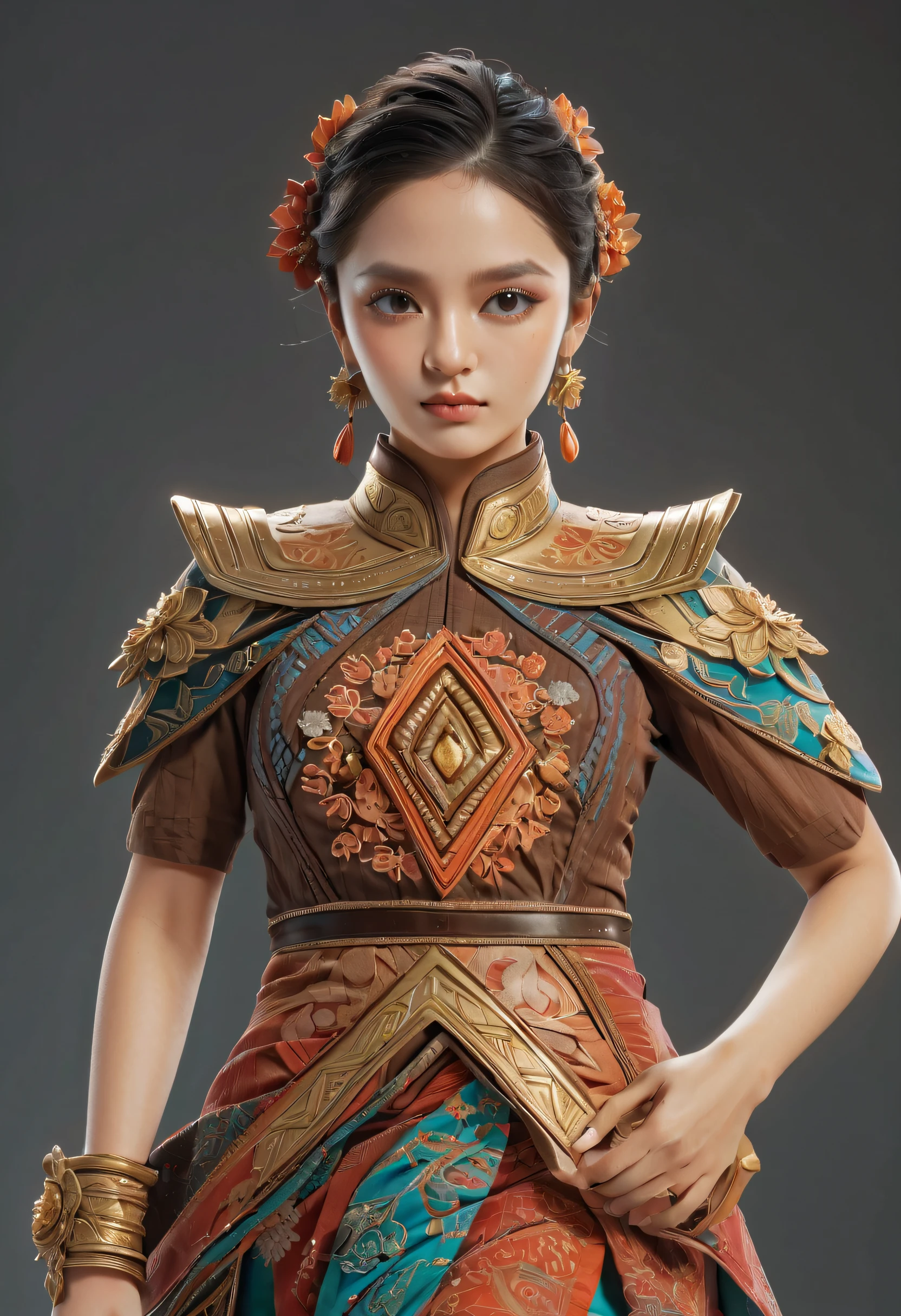 An Indonesian-styled futuristic suit worn by a girl depicting cultural fusion and modern fashion. The suit is adorned with intricate patterns and vibrant colors, showcasing the rich heritage of Indonesia. The girl stands confidently in a dynamic pose, with her detailed eyes reflecting determination and curiosity. The suit's material is a combination of traditional textiles and futuristic synthetic fabrics, giving it a unique and avant-garde appearance. The overall image quality is of the highest standard, with sharp focus and ultra-detailed rendering. The artwork employs physically-based rendering techniques, resulting in realistic lighting and shadows. The colors are vivid and vibrant, capturing the essence of Indonesian cultural aesthetics. The background features a fusion of modern architecture and traditional elements, creating a harmonious blend of the past and the future. The prompt explores the intersection of Indonesian culture, futuristic design, and the artistic representation of a confident girl.