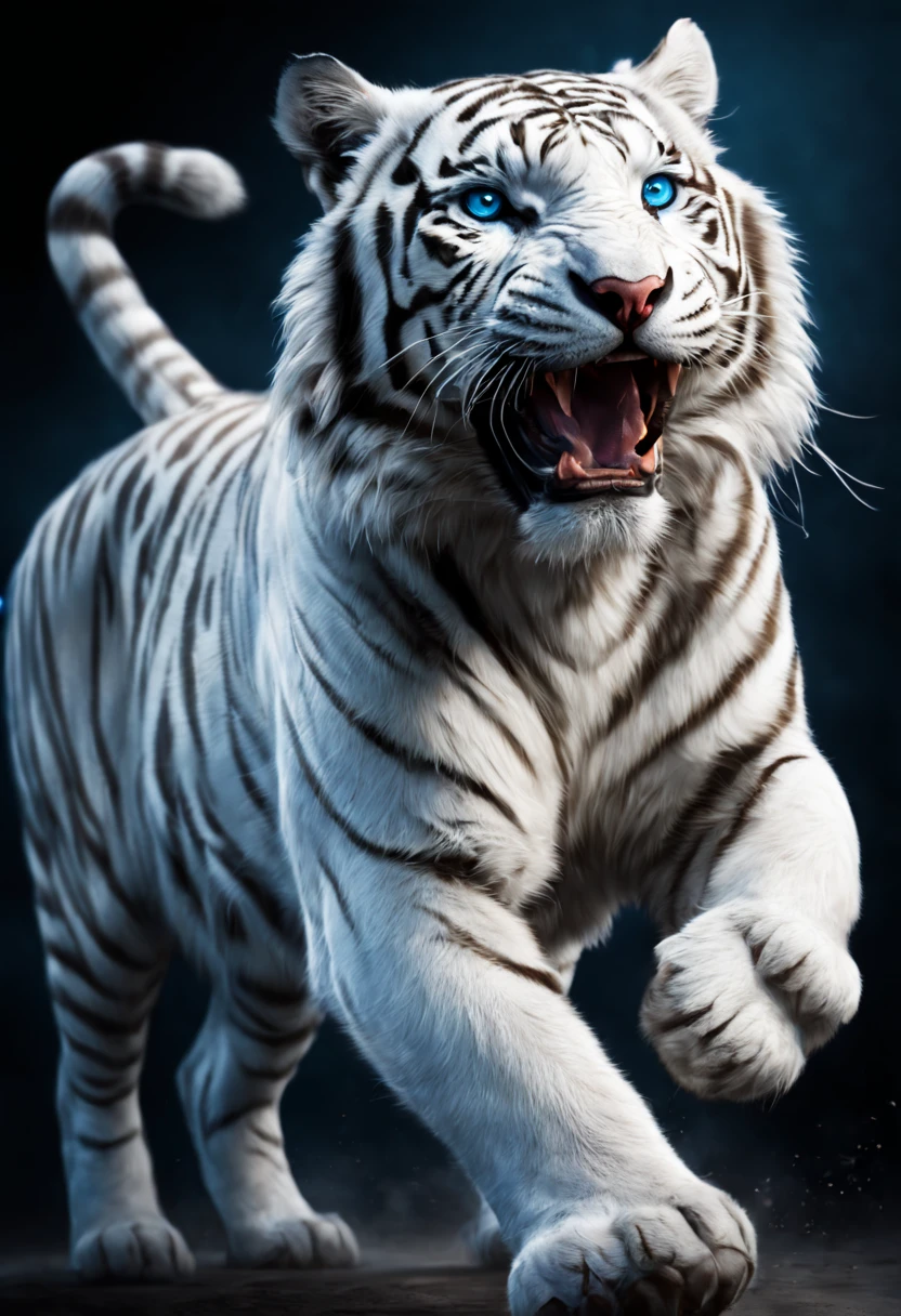 "(best quality,highres),realistic,white tiger,striking blue eyes,stripes,powerful stance,ferocious expression,majestic,graceful movement,fierce,predator,beautiful,artistic rendering,HD,UHD,vivid colors,detailed fur,studio lighting,contrast,light and shadow"
