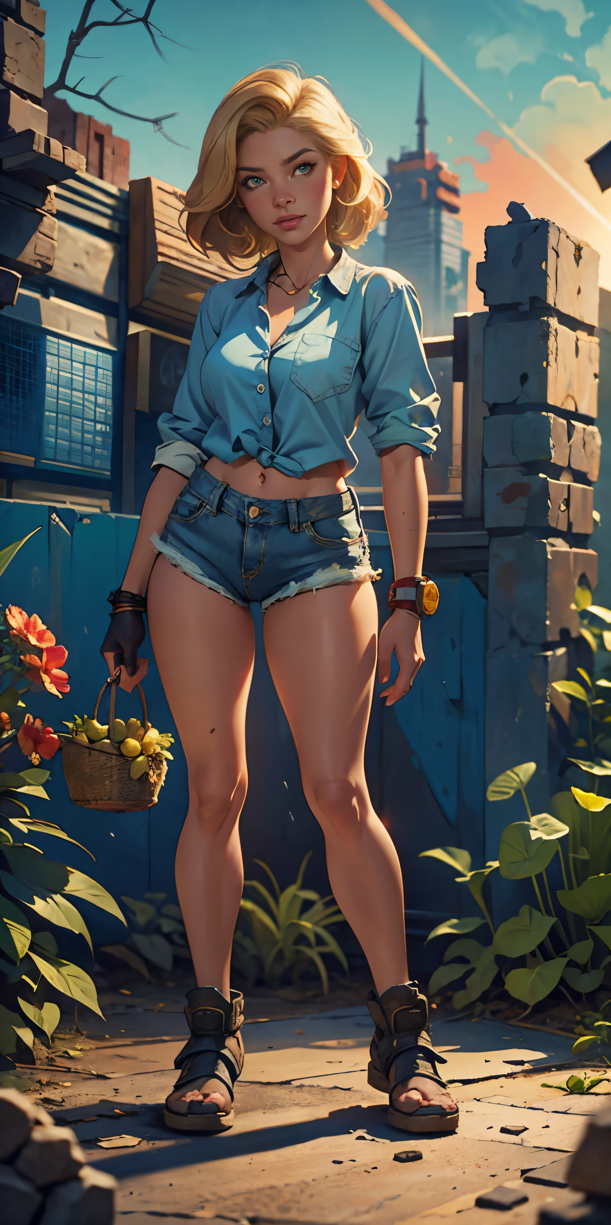 2076 year. The Urban Ruins of the Wasteland, Female huntress picking fruit in the garden, beautiful face, blonde, badly torn shirt and denim shorts ,  long legs, sweating through, sun rising, Nice warm colors, head to toe full body shot