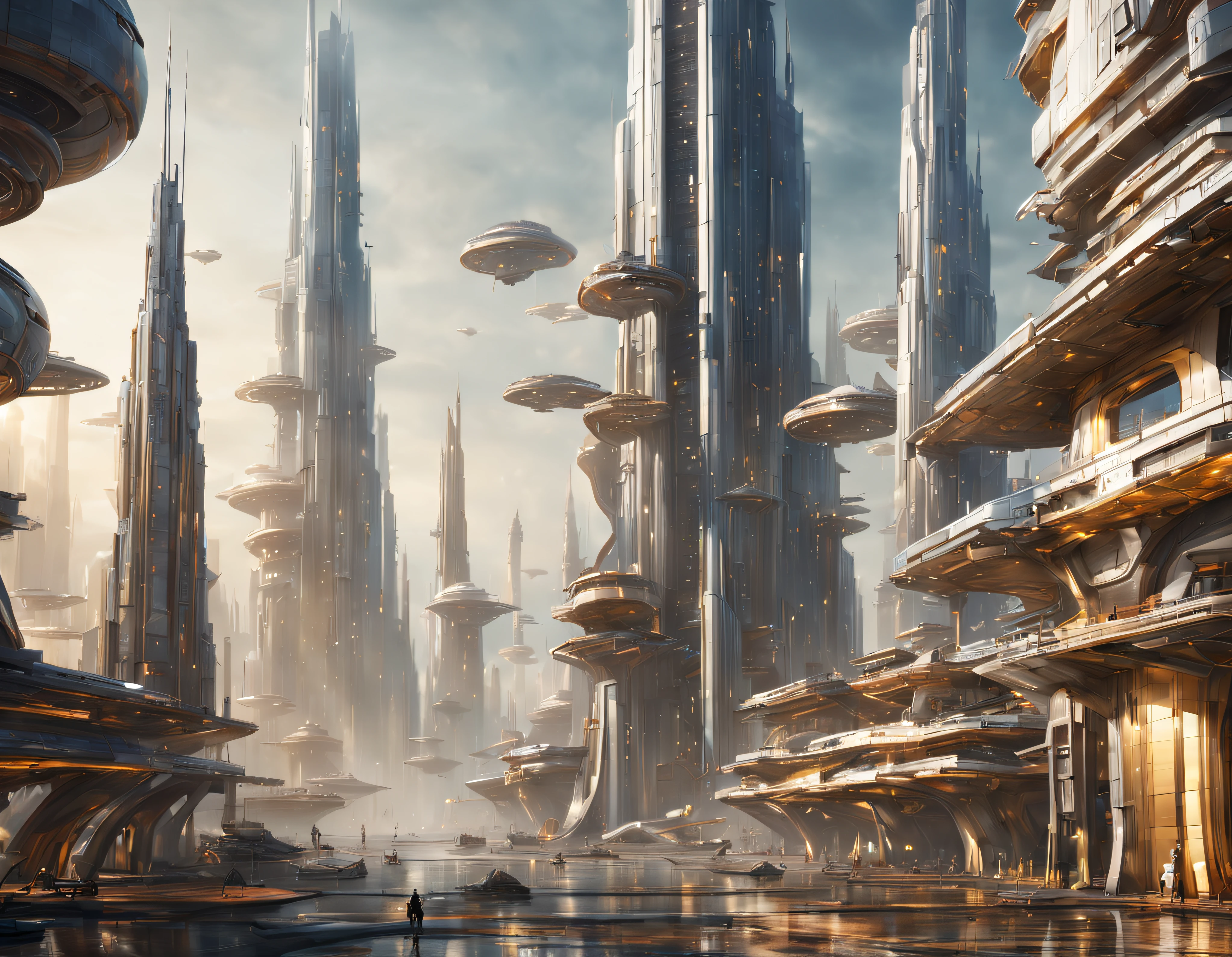 On an unknown planet、There is a futuristic fantasy city with huge buildings of technological design (It forms an infinite path), Silver glaze structure, Magnificent gold and bronze, (with vibrant colors). Ensolard Flooring (lackluster). People walking around々. (Similar to Coruscant in Star Wars). Clear image of many buildings together. Sharp and crisp 8K images. The building reaches high in the background.,8K.