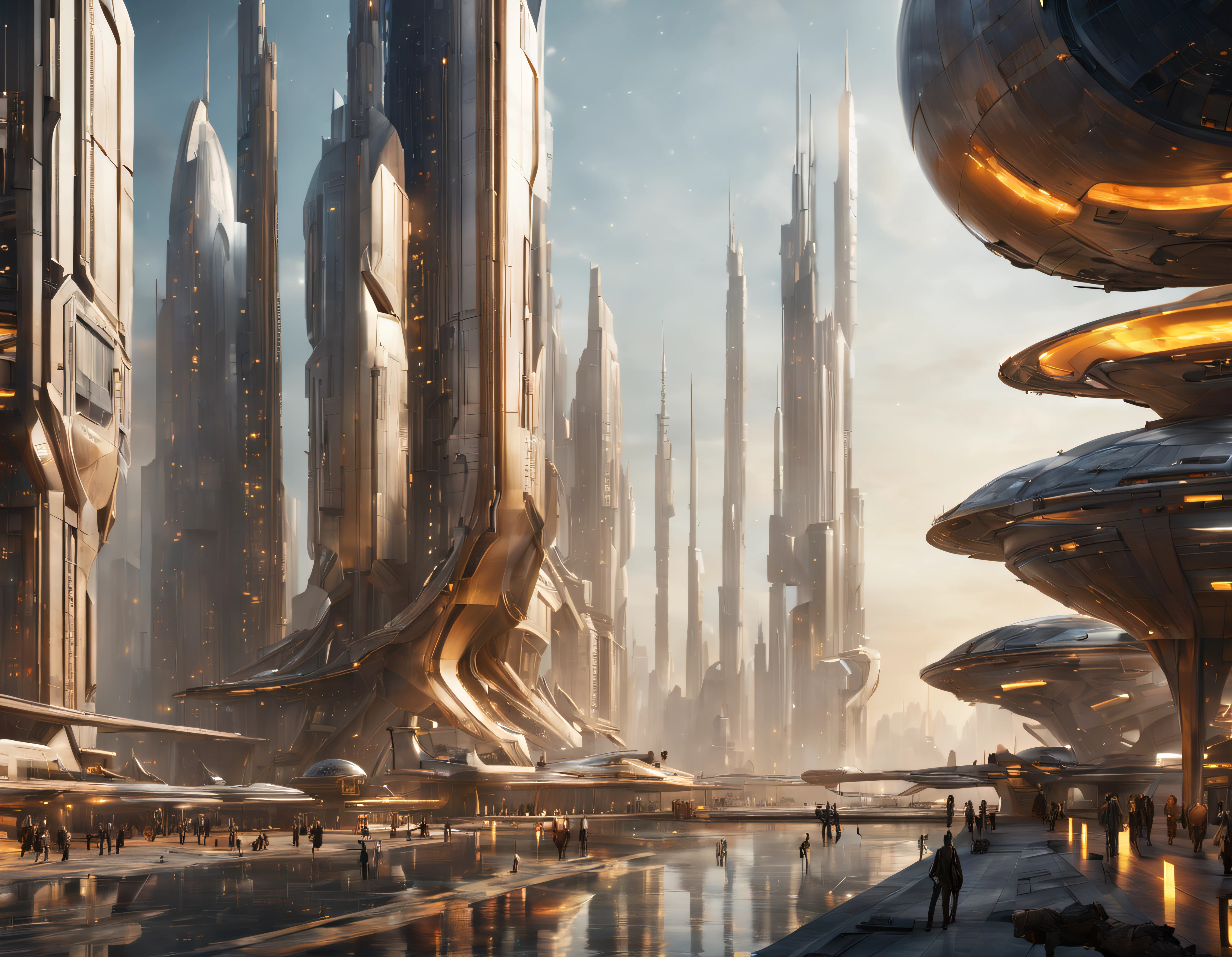 On an unknown planet、There is a futuristic fantasy city with huge buildings of technological design (It forms an infinite path), Silver glaze structure, Magnificent gold and bronze, (with vibrant colors). Ensolard Flooring (lackluster). People walking around々. (Similar to Coruscant in Star Wars). Clear image of many buildings together. Sharp and crisp 8K images. The building reaches high in the background.,8K.