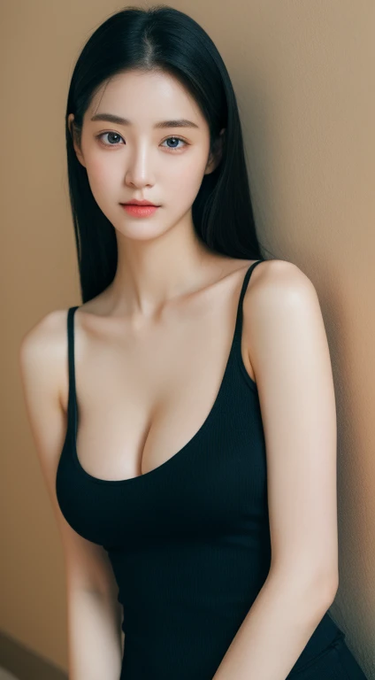 （realistically， A high resolution：1.3）， 1 girl with perfect figure， The face shape and eyes are super delicate，Long black hair， random color tank top：1.2， Wear yoga pants on the bottom，fully body photo，Exposing cleavage