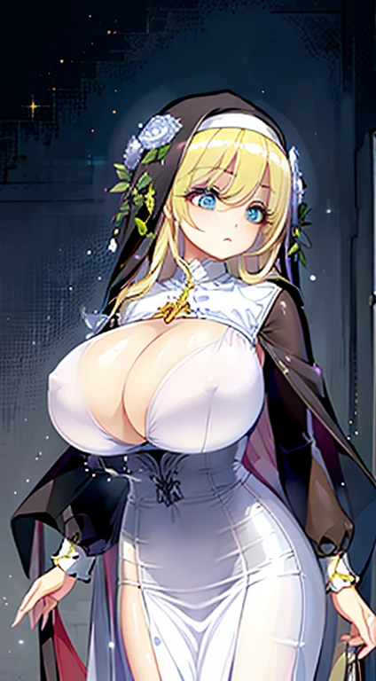 (best quality,4k,8k,highres,masterpiece:1.2),ultra-detailed,(realistic,photorealistic,photo-realistic:1.37), blonde nun priestess with huge, disproportional tits, narrow waist, and wide hips, ethereal appearance, graceful & elegant, soft facial features, radiant blue eyes, rosy cheeks, a serene smile, exquisite details in facial expression, pristine white habit flowing gracefully around her figure, delicate lace trimmings embellishing the edges, golden crucifix hanging from her neck, intricate embroidery on the habit depicting religious symbols, backlight illuminating her silhouette, rays of light casting a divine glow, serene garden as the backdrop, blooming flowers in vibrant colors, birds chirping in the distance, a peaceful atmosphere, dramatic chiaroscuro lighting, creating a sense of mystery and awe, vivid colors and high contrast, emphasizing the nun's purity and divine presence, reminiscent of a Renaissance painting, masterpiece quality artwork, capturing the essence of beauty and spirituality.