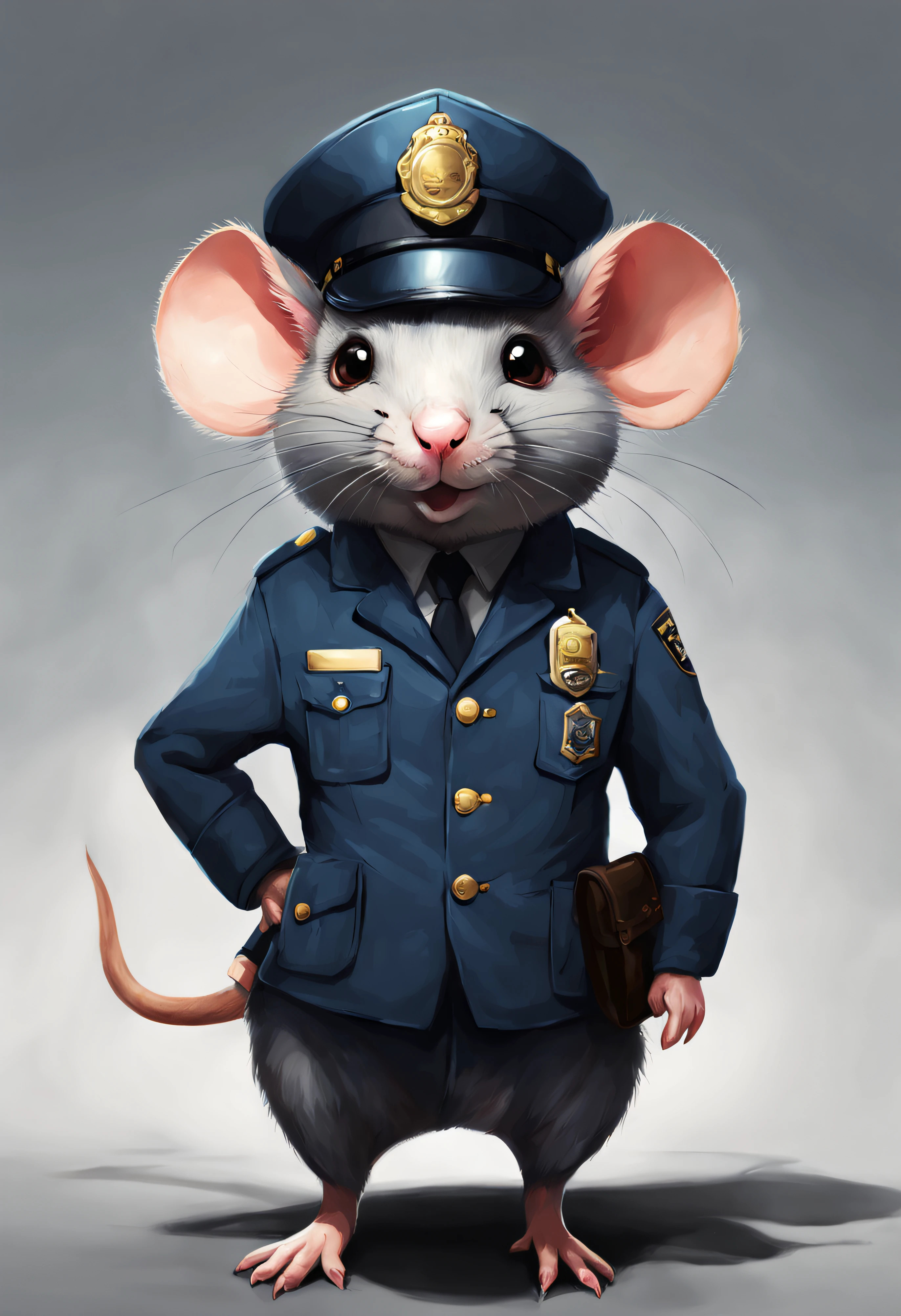 Imaginative concept art of cute creatures inspired by Lora, Dressed as a policeman in the form of a rat. (Cute creature tag weighted with 0.9)