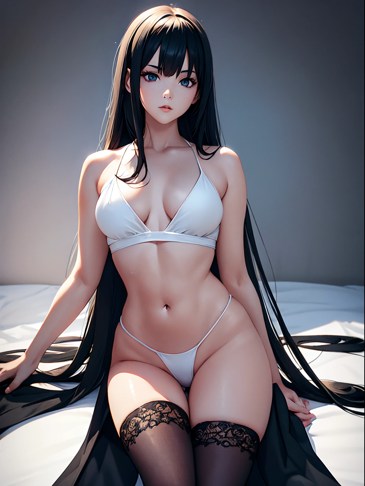 A woman wearing a white backless dress，He wears black stockings on his legs，Exposing the abdomen，The figure is good，The is very detailed，[ 4K realism ]!!, [ 4K realism ]!!!, [ 4K digital art ]!!, Realistic shadow perfect body, realisticlying!!!!!!! art-style, photorealistic anime, by Shitao, Popular topics on cgstation, Casual pose, realistic anime 3D style