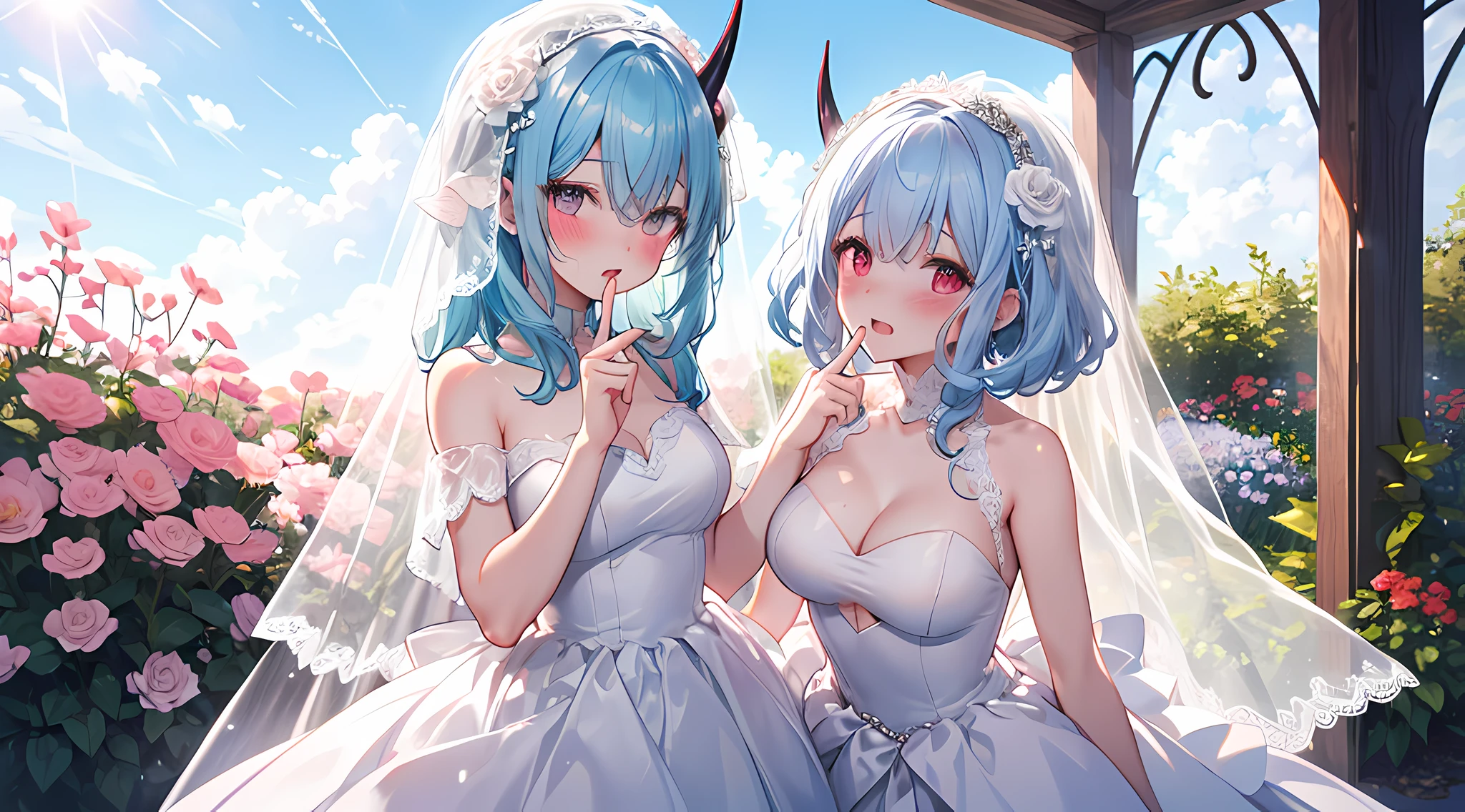masterpieces, 8k, ultra HD, prim, white wedding dress, demon girl, (sky blue hair color), white veil, elegant pose standing in garden full of flower, hand, demon horn, glare, (blushing: 1.5), open mouth, licking finger, heart eyes, daytime, sun lighting