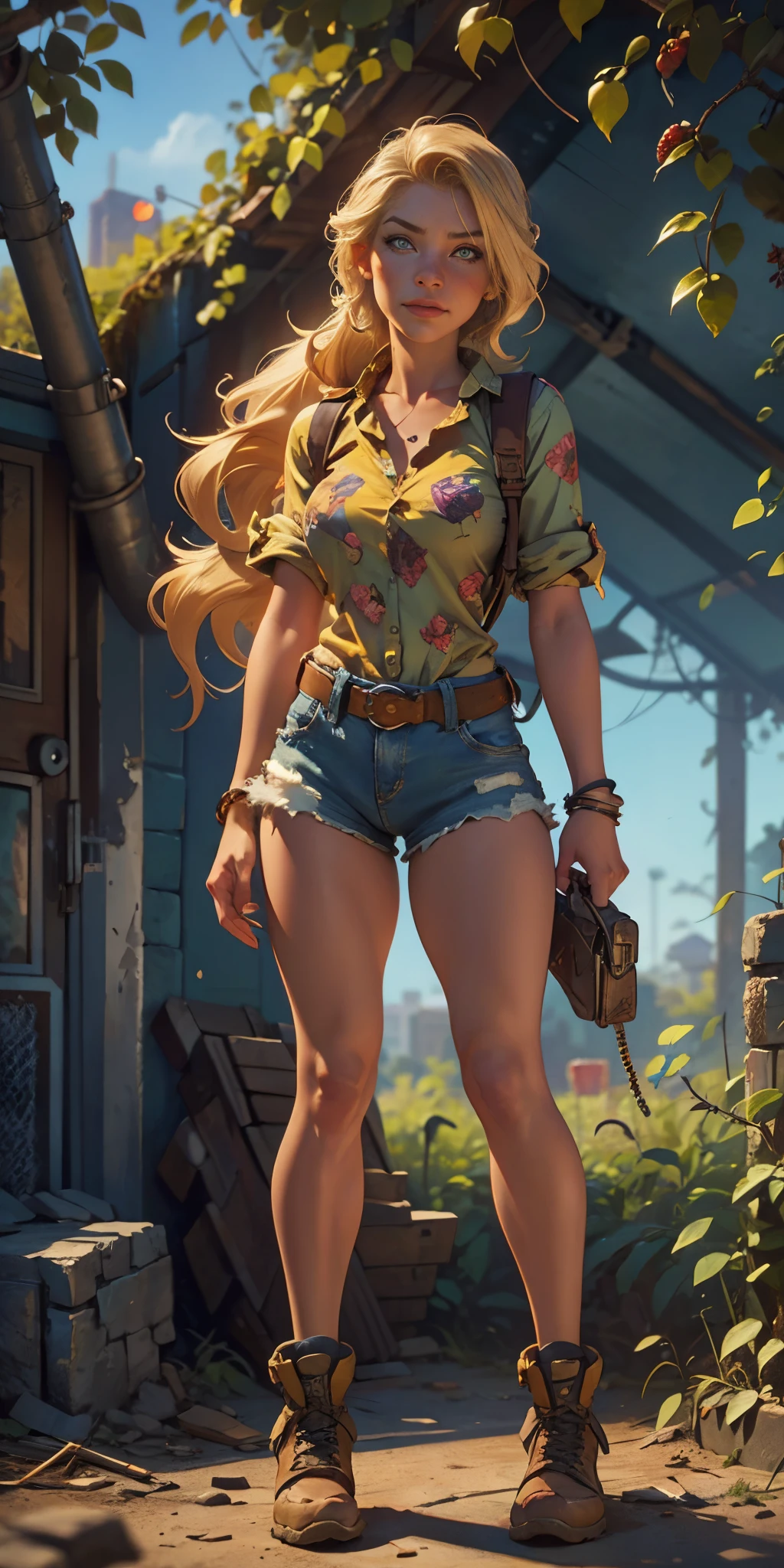 2076 year. The Urban Ruins of the Wasteland, Female huntress picking fruit in the garden, beautiful face, blonde, badly torn shirt and denim shorts , long legs, sweating through, sun rising, Nice warm colors, head to toe full body shot