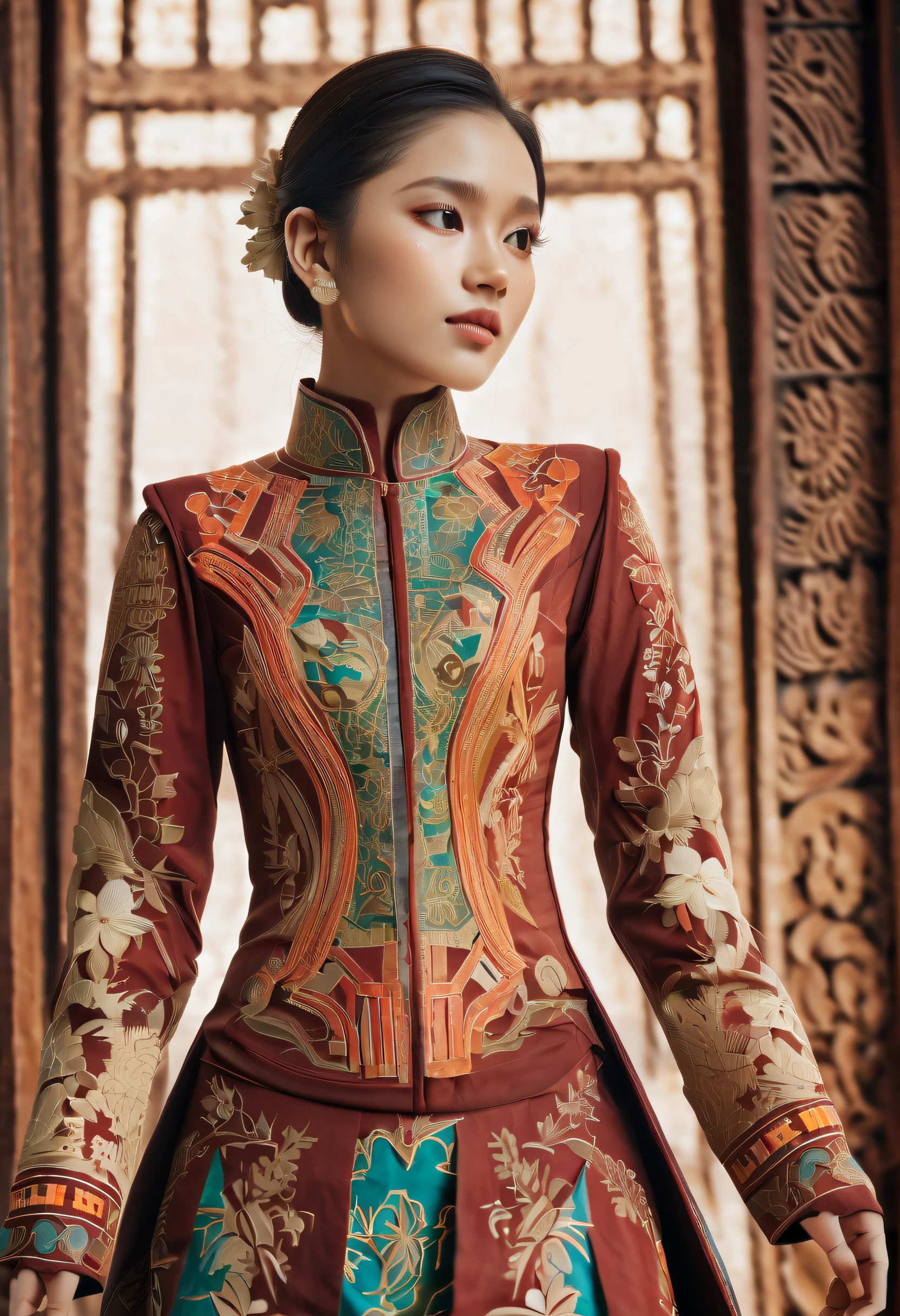 An Indonesian-styled futuristic suit worn by a girl depicting cultural fusion and modern fashion. The suit is adorned with intricate patterns and vibrant colors, showcasing the rich heritage of Indonesia. The girl stands confidently in a dynamic pose, with her detailed eyes reflecting determination and curiosity. The suit's material is a combination of traditional textiles and futuristic synthetic fabrics, giving it a unique and avant-garde appearance. The overall image quality is of the highest standard, with sharp focus and ultra-detailed rendering. The artwork employs physically-based rendering techniques, resulting in realistic lighting and shadows. The colors are vivid and vibrant, capturing the essence of Indonesian cultural aesthetics. The background features a fusion of modern architecture and traditional elements, creating a harmonious blend of the past and the future. The prompt explores the intersection of Indonesian culture, futuristic design, and the artistic representation of a confident girl.