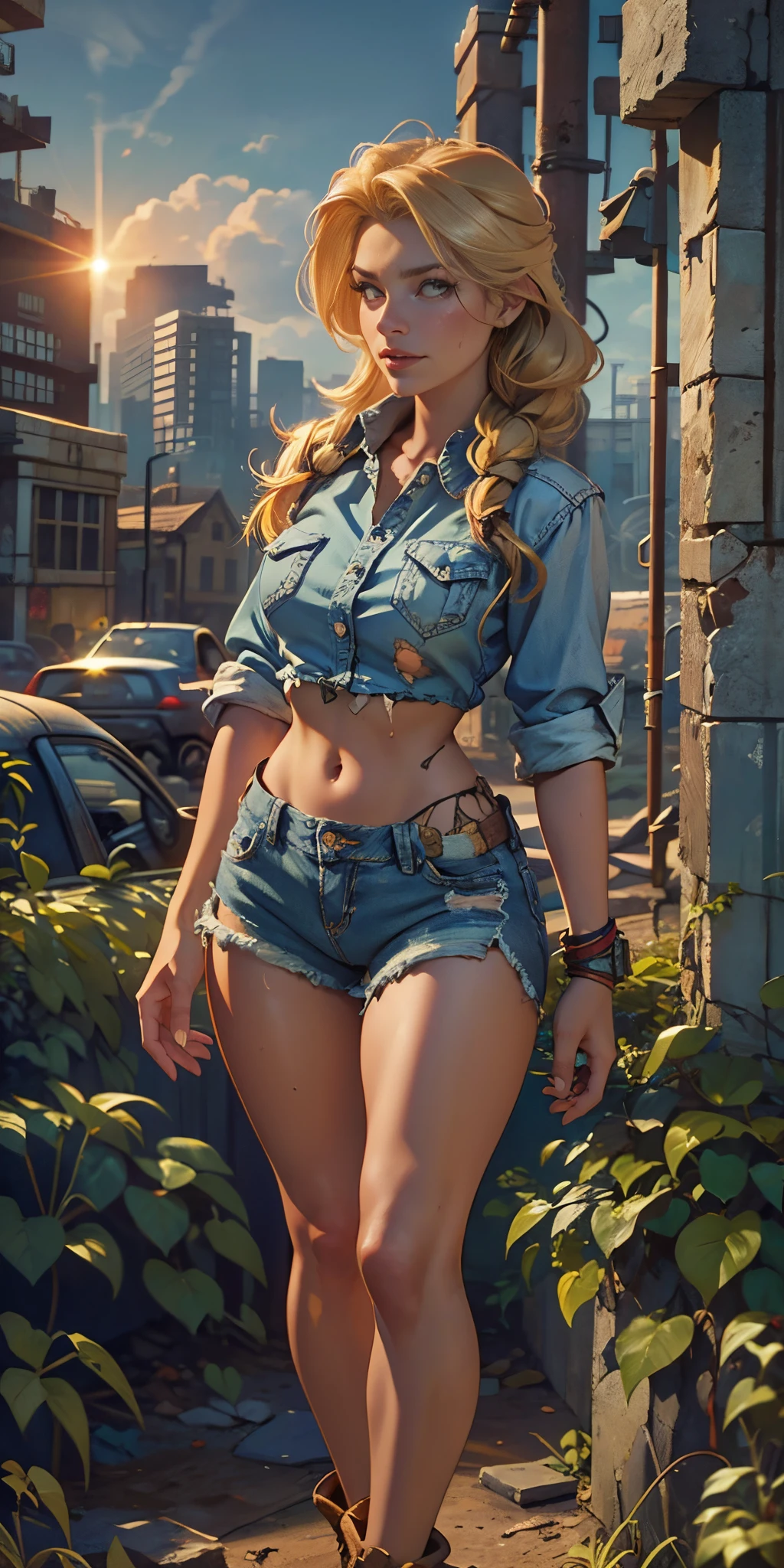 2076 year. The Urban Ruins of the Wasteland, Female huntress picking fruit in the garden, beautiful face, blonde, badly torn shirt and denim shorts , long legs, sweating through, sun rising, Nice warm colors, head to toe full body shot