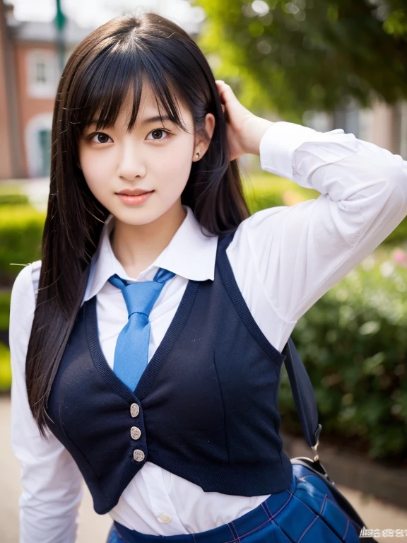 girl wearing school uniform, medium breasts, flirtatious look, Very well detailed, Academy scenery, Long Black Hair, Photorealistic images.