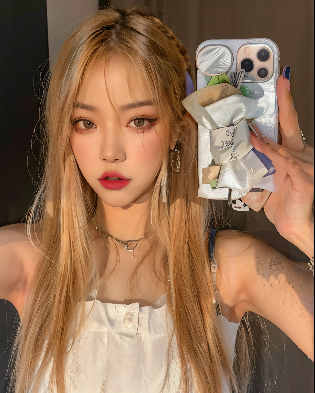 Blonde Asian woman taking a selfie in front of a mirror, face like exposed ester, modelo do instagram, her hair is white, selfie no espelho, Retrato de Lalisa Manobal, Lalisa do Blackpink, Lalisa, Lalisa Manobal, selfie, selfie no instagram, selfie de uma jovem, pele clara cabelo loiro cacheado, messy blonde hair, 18 anos de idade